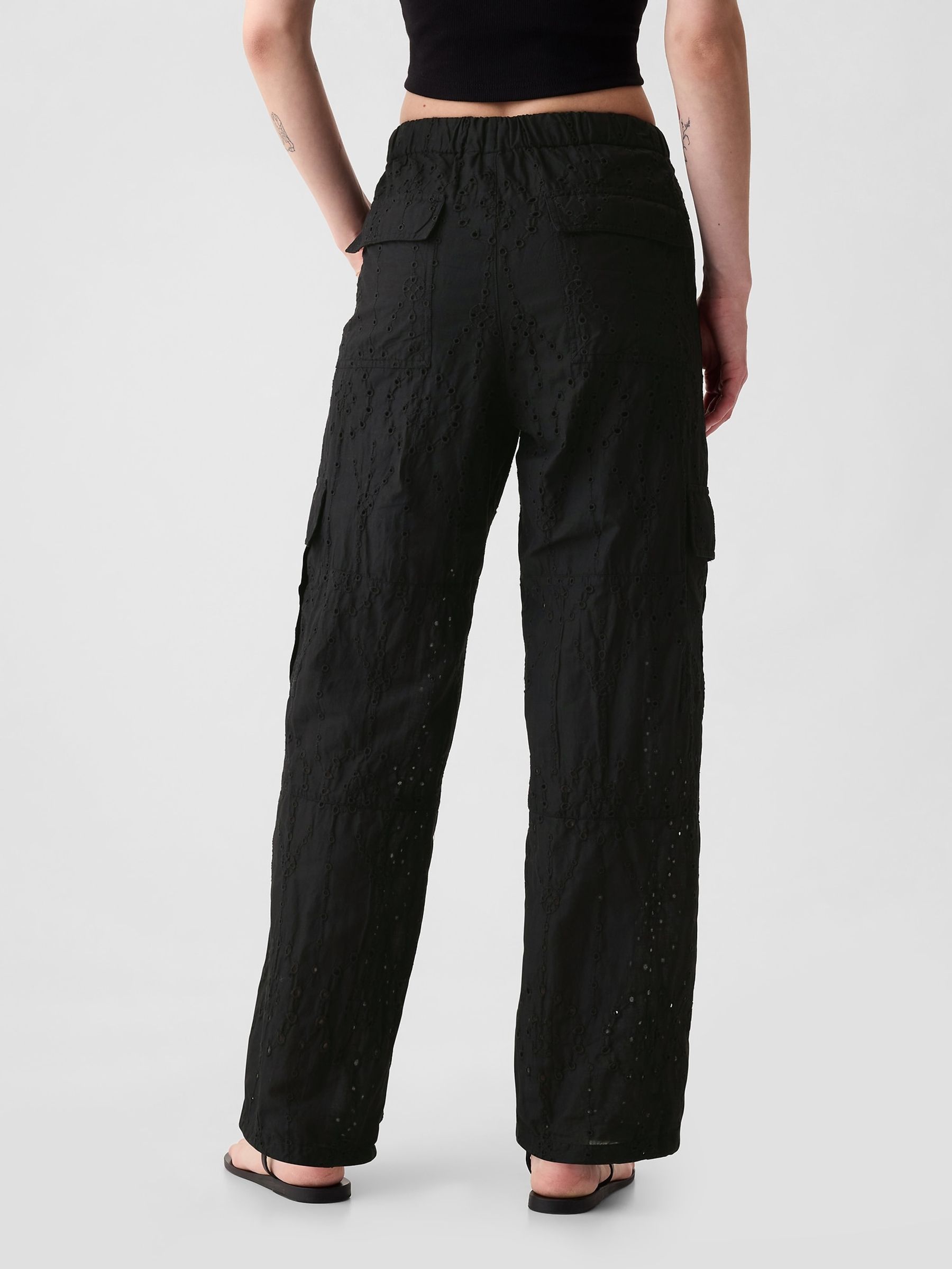 Black Eyelet Cargo Parachute Trousers - Image 2 of 5
