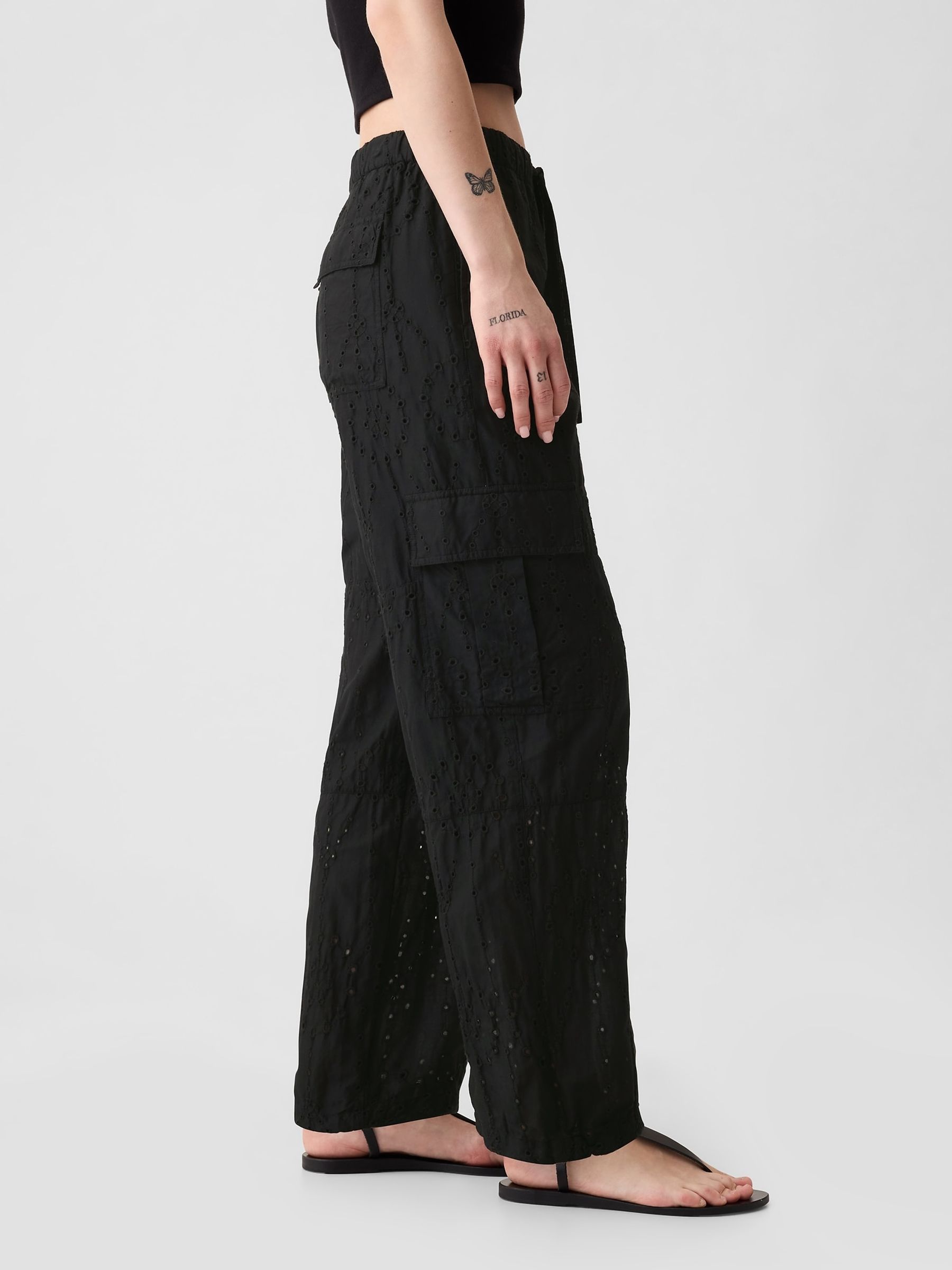 Black Eyelet Cargo Parachute Trousers - Image 3 of 5