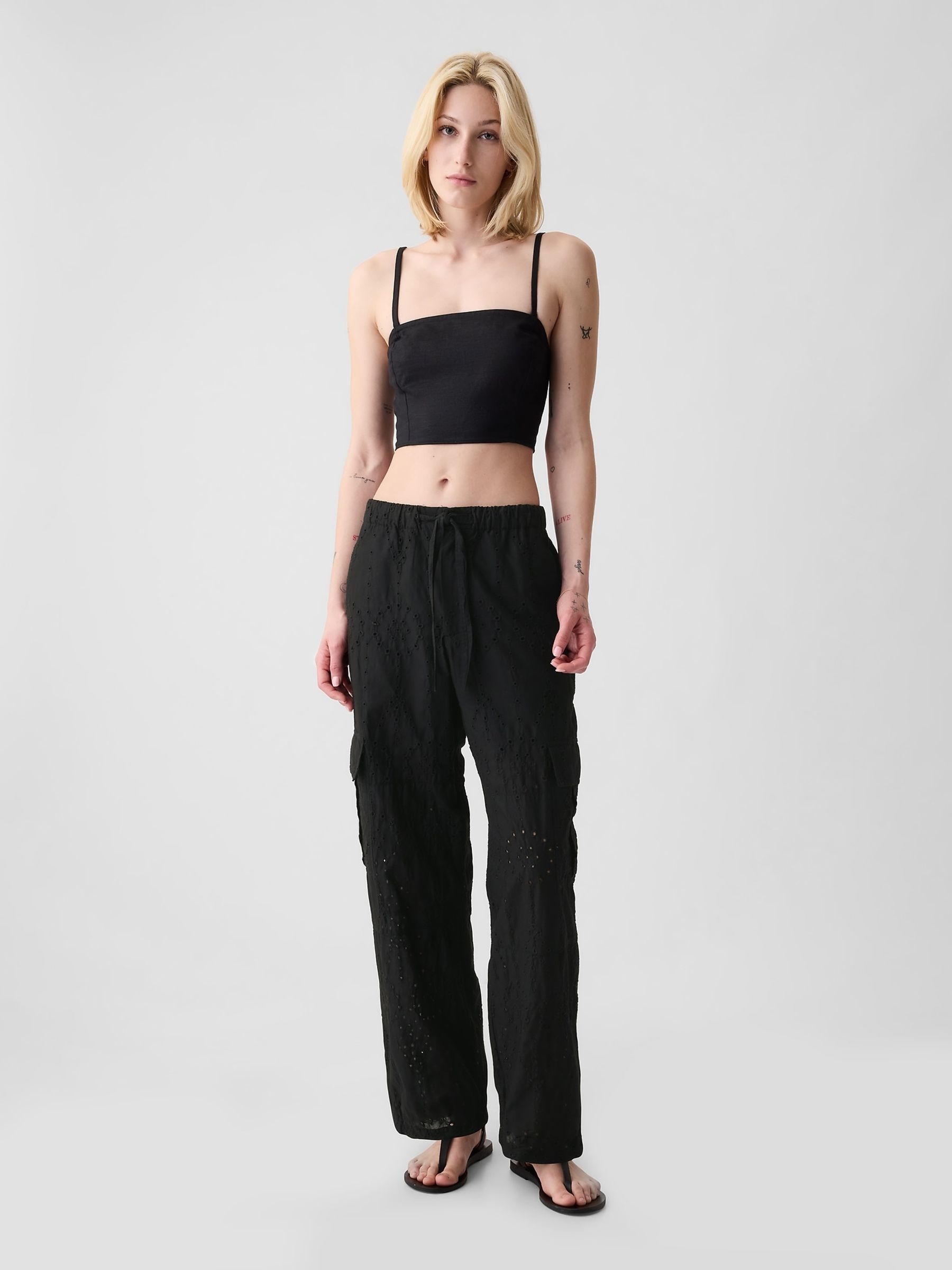 Black Eyelet Cargo Parachute Trousers - Image 4 of 5