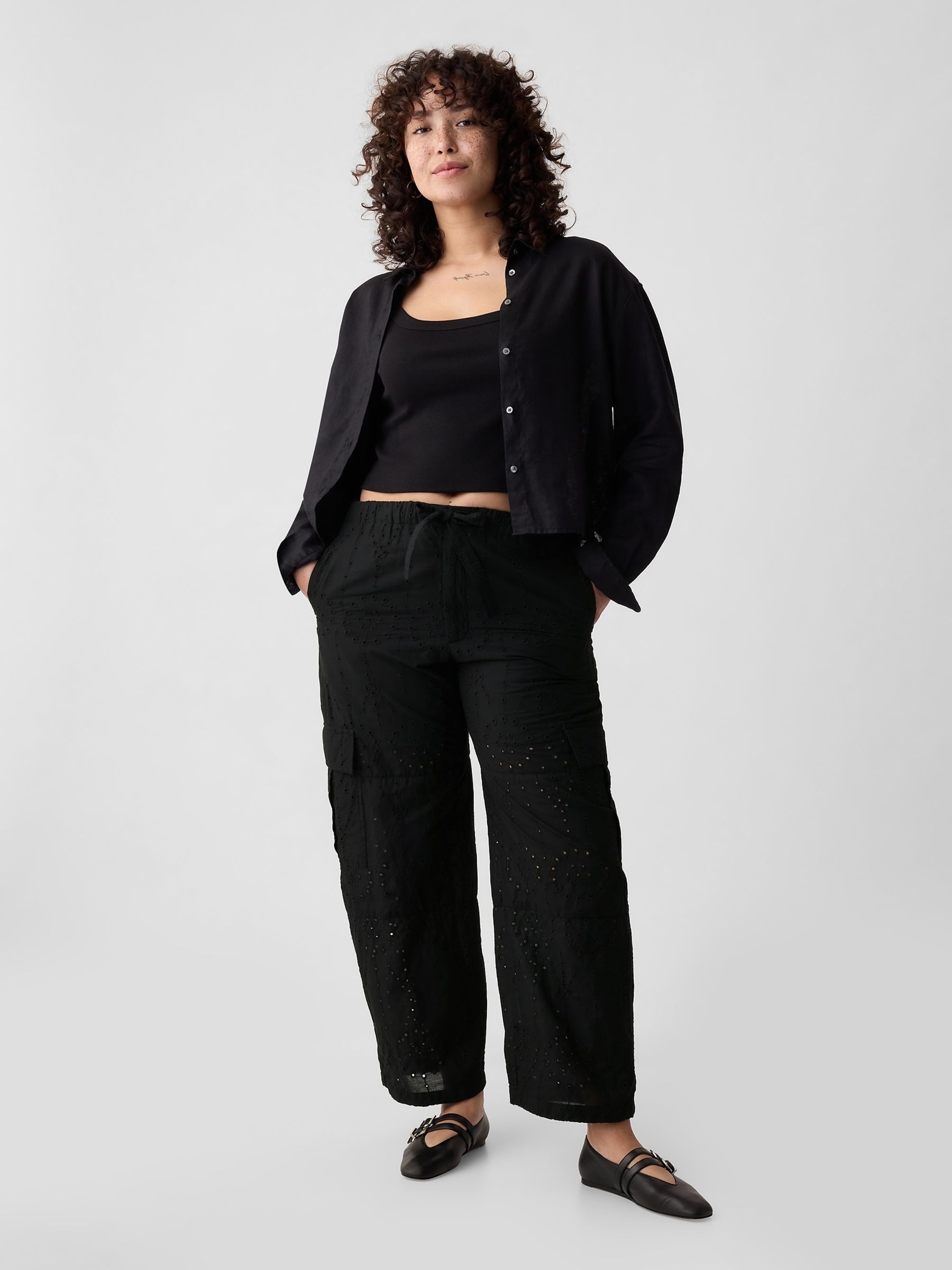 Black Eyelet Cargo Parachute Trousers - Image 5 of 5
