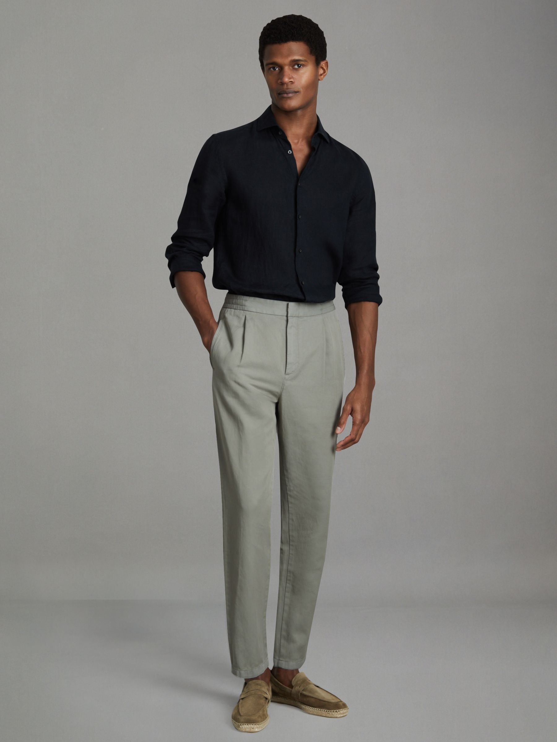 Relaxed Cotton/Linen Blend Elasticated Waist Trousers in Pistachio - Image 1 of 6