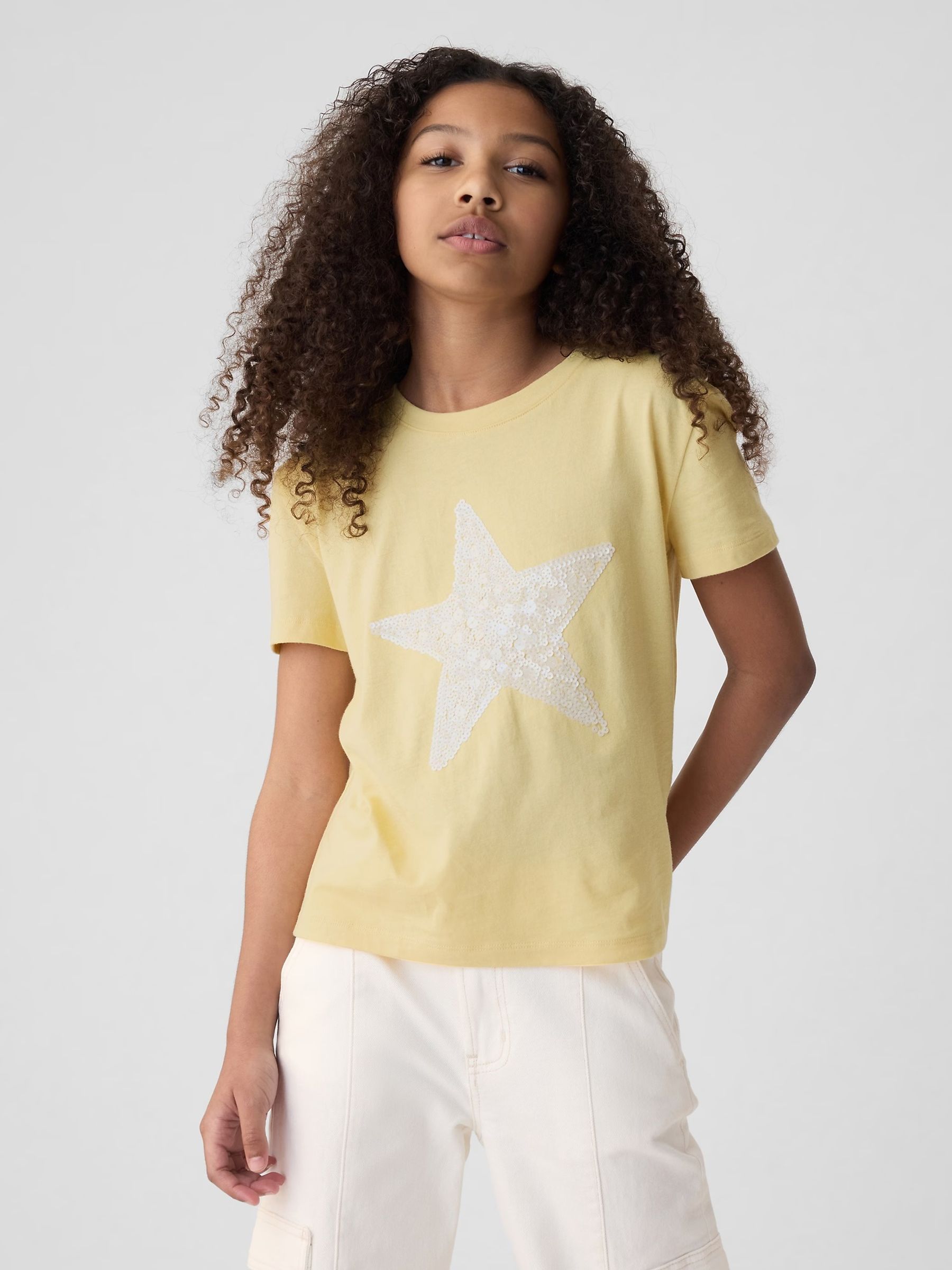 Yellow Star Sequin Graphic Short Sleeve Crew Neck T-Shirt (4-13yrs) - Image 1 of 4