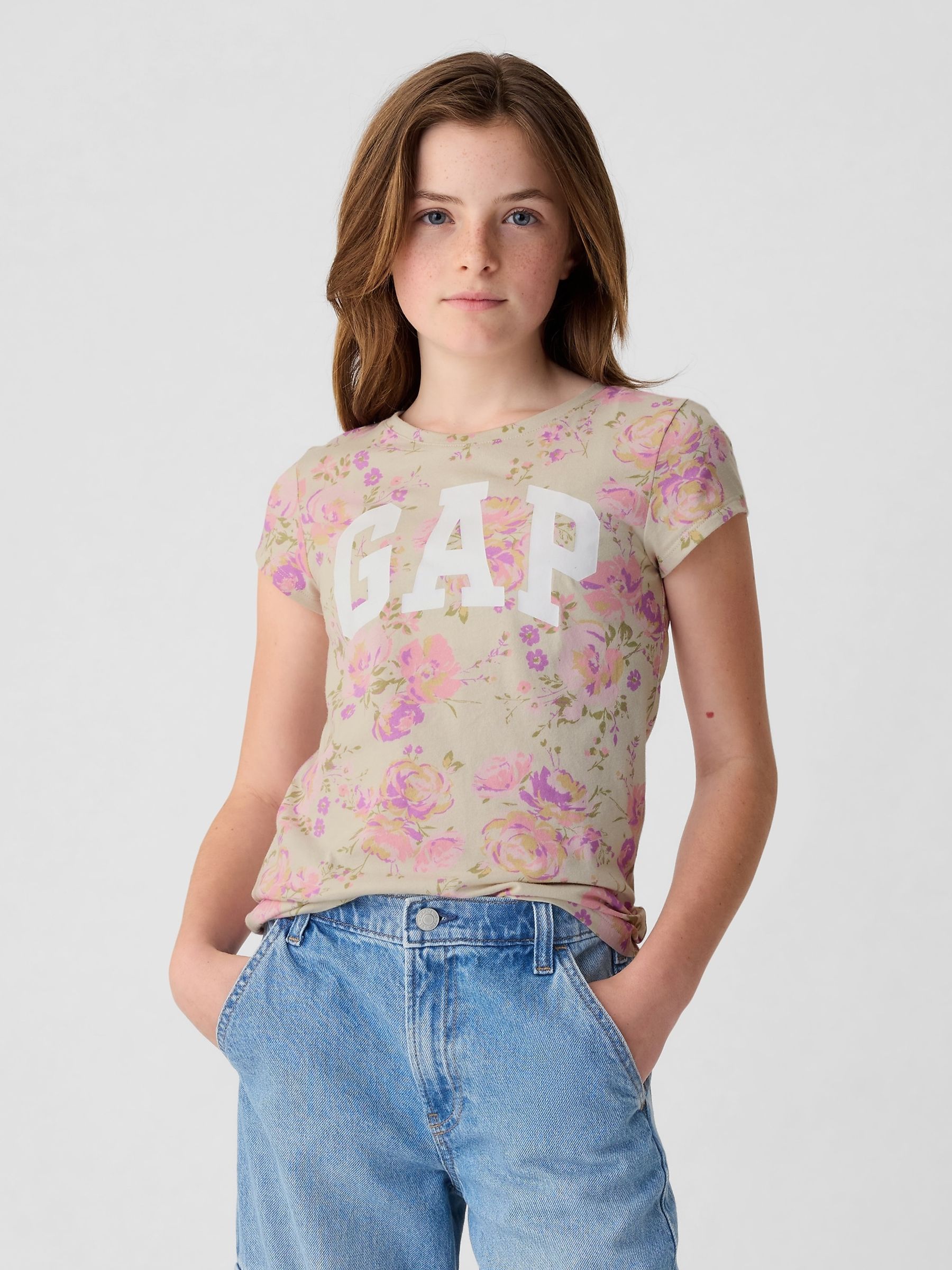 Beige/Pink Graphic Logo Short Sleeve Crew Neck T-Shirt (4-13yrs) - Image 1 of 4