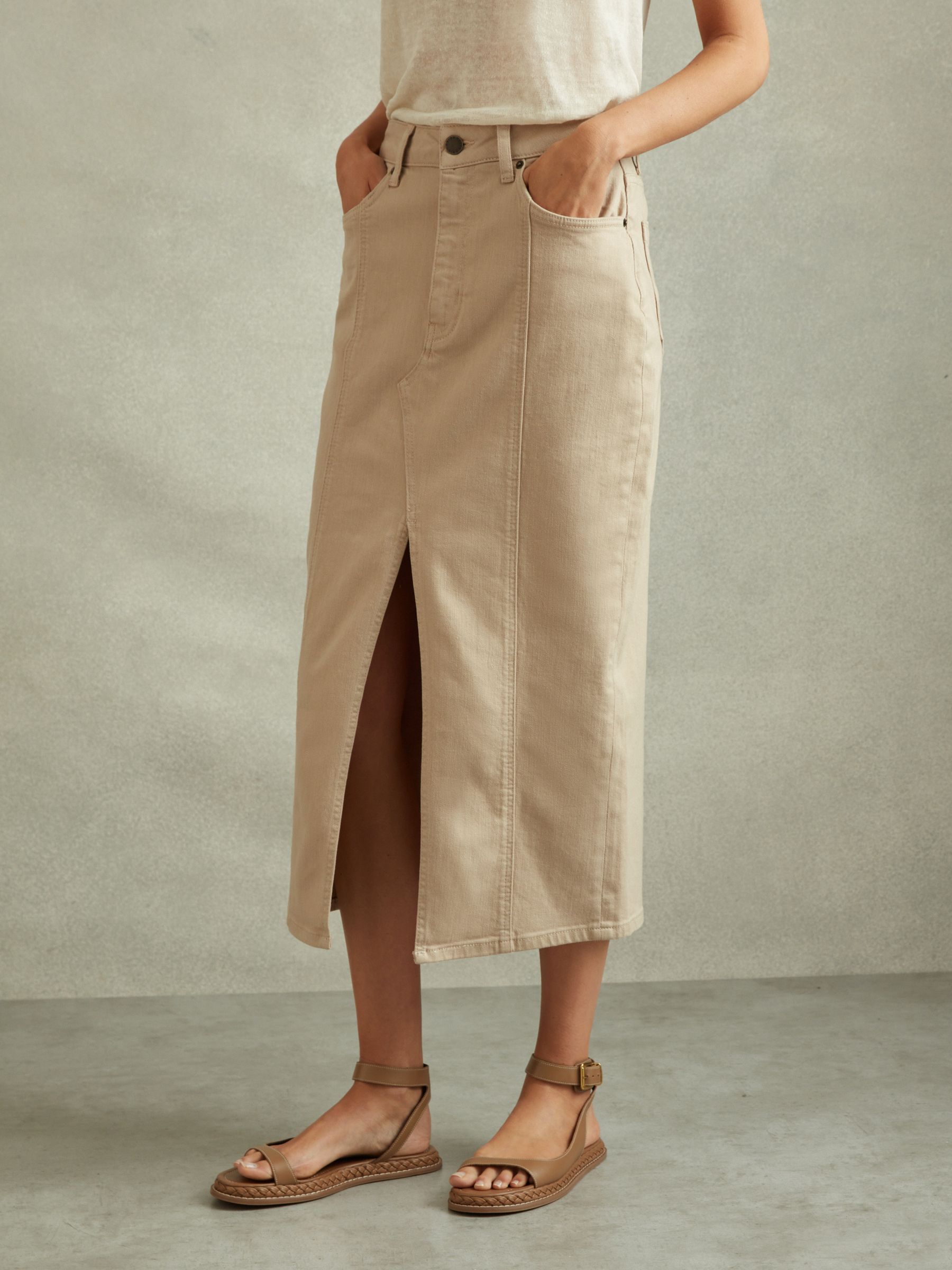 High Rise Denim Midi Skirt in Stone - Image 3 of 6