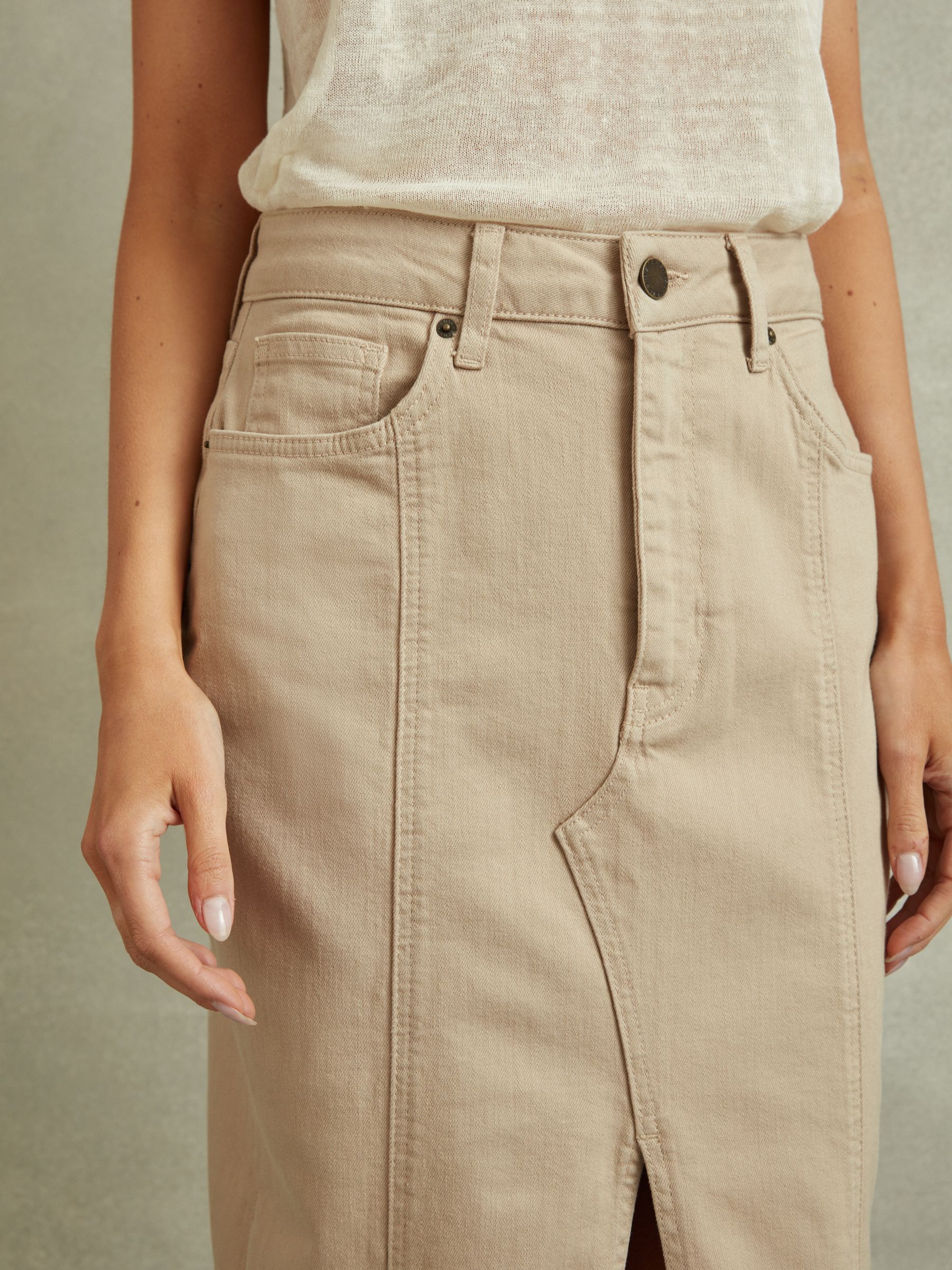High Rise Denim Midi Skirt in Stone - Image 4 of 6