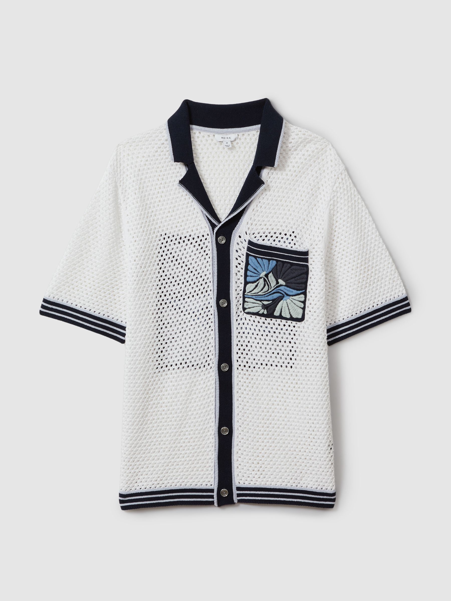 Open-Stitch Embroidered Cuban Collar Shirt in White/Blue - Image 2 of 5