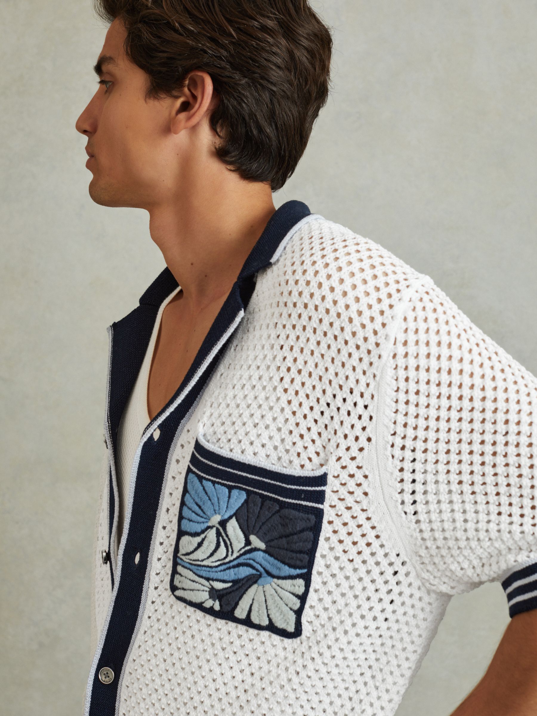 Open-Stitch Embroidered Cuban Collar Shirt in White/Blue - Image 3 of 5