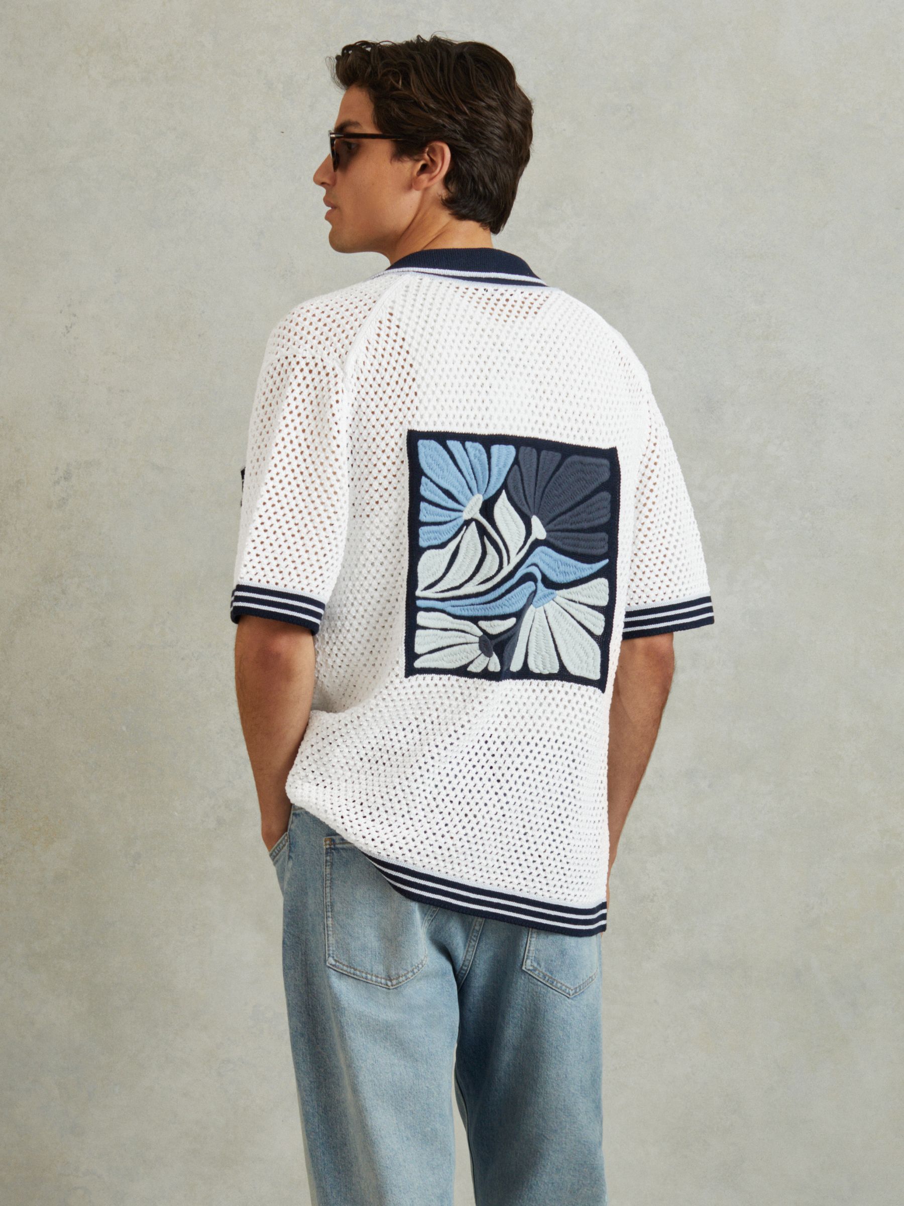 Open-Stitch Embroidered Cuban Collar Shirt in White/Blue - Image 4 of 5