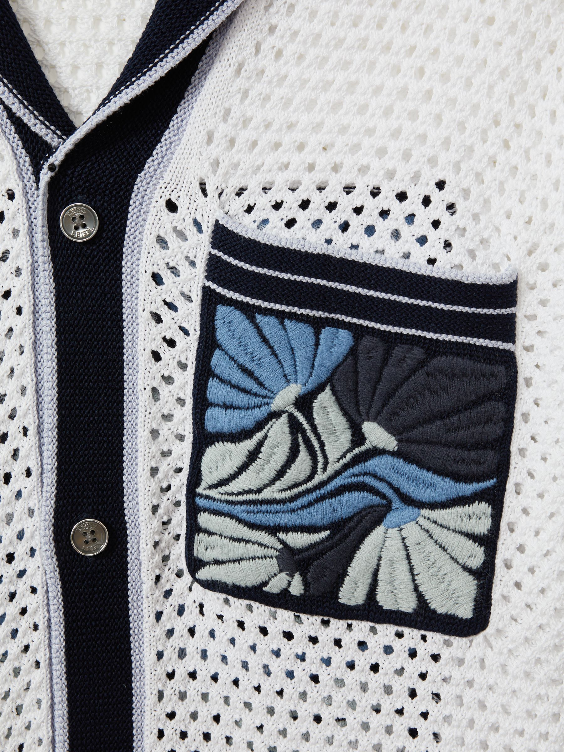 Open-Stitch Embroidered Cuban Collar Shirt in White/Blue - Image 5 of 5