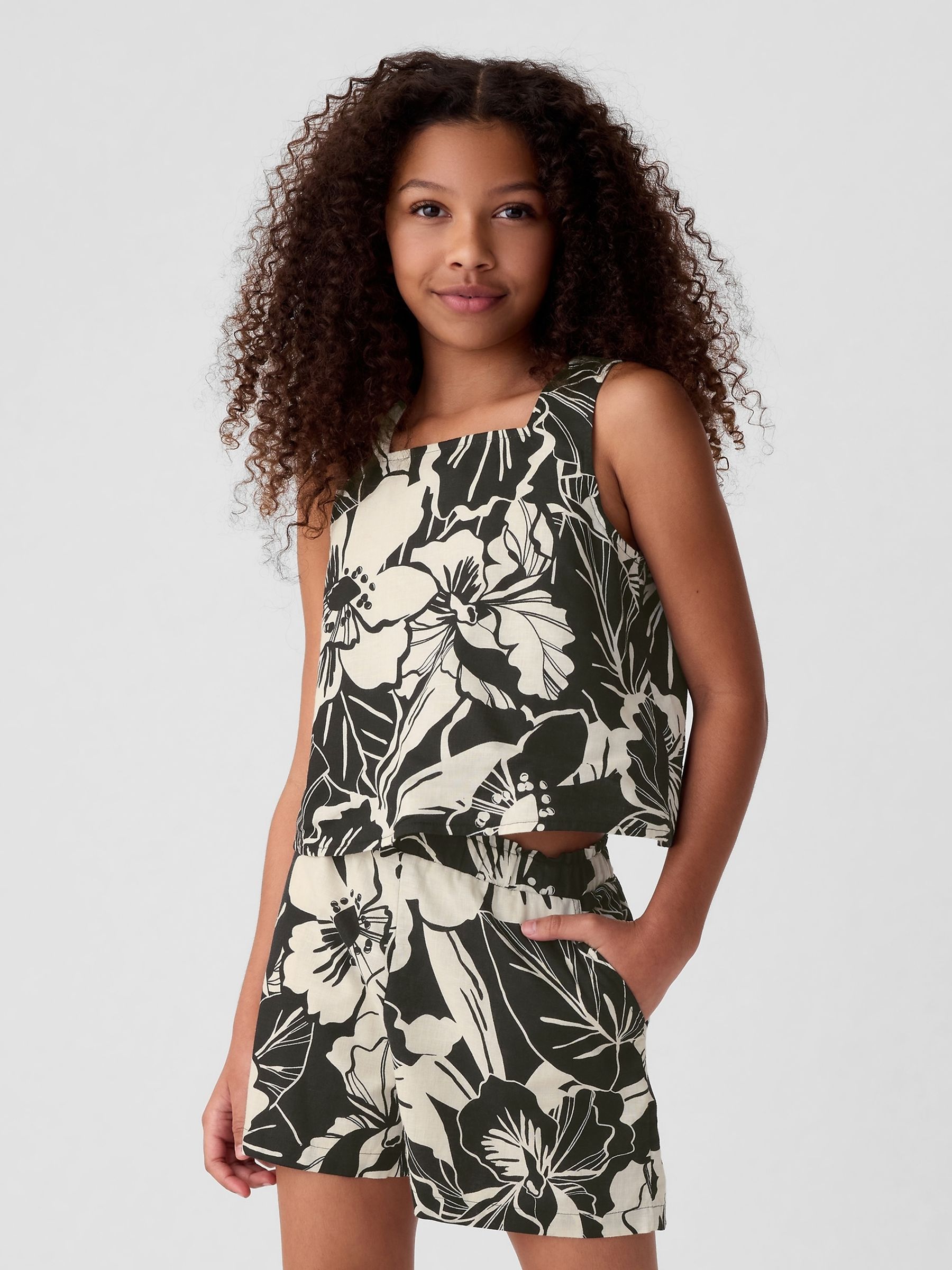 Black/White Floral Linen Cotton Square Neck Tank Top (4-13yrs) - Image 2 of 3