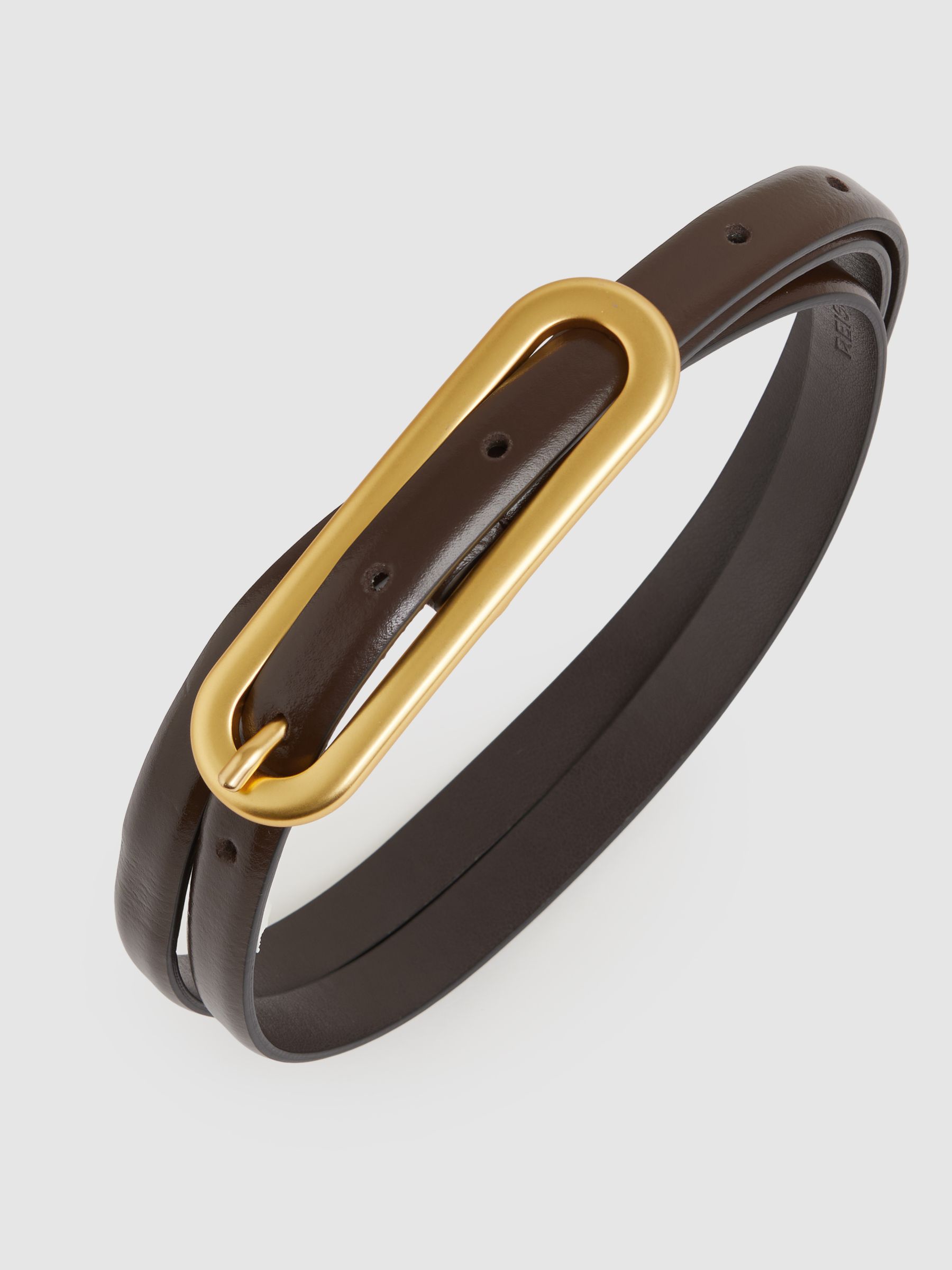 Thin Leather Elongated Buckle Belt in Chocolate - Image 4 of 4
