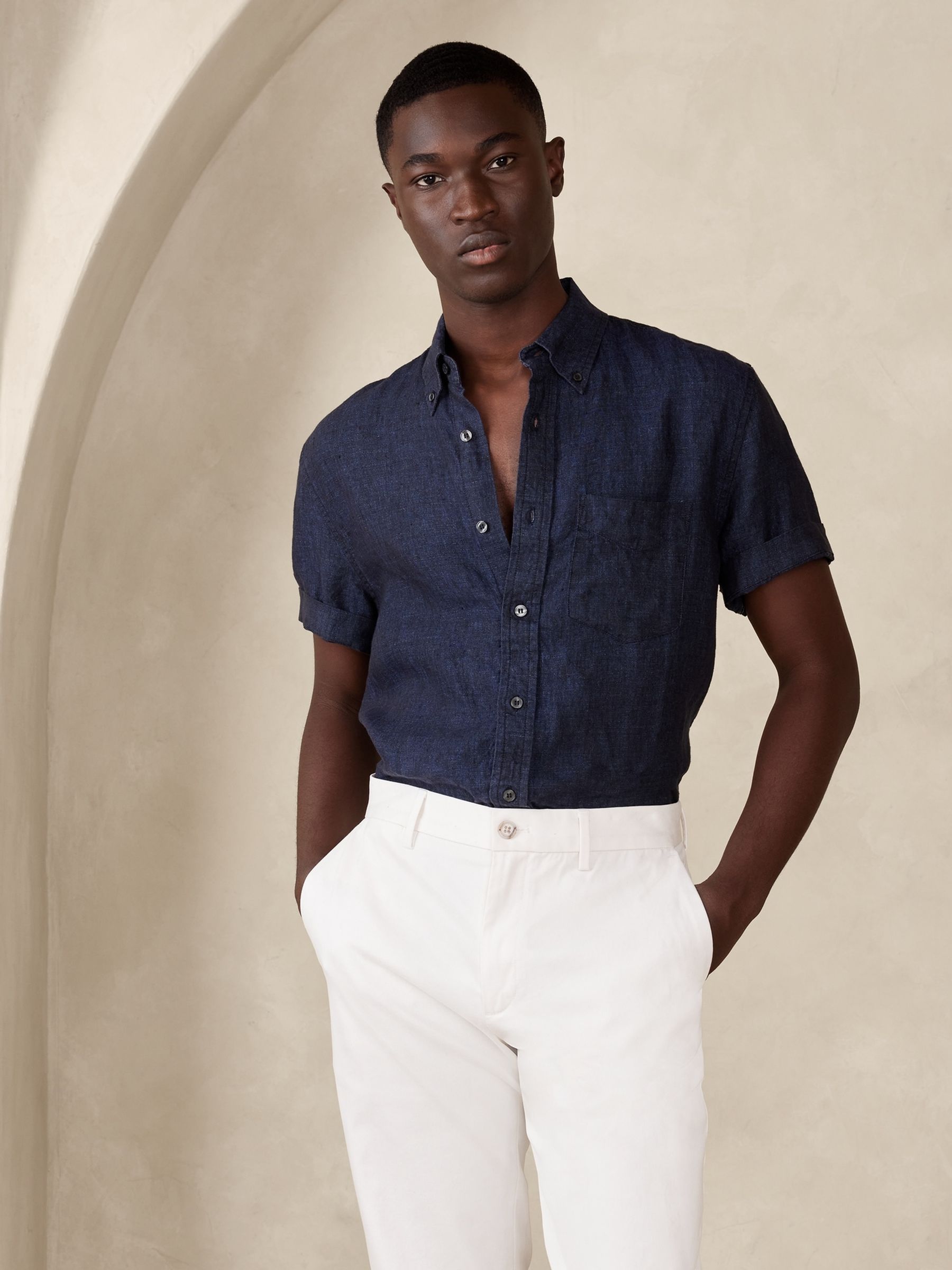 Banana Republic Navy Blue Castelletto Linen Shirt - Image 1 of 1
