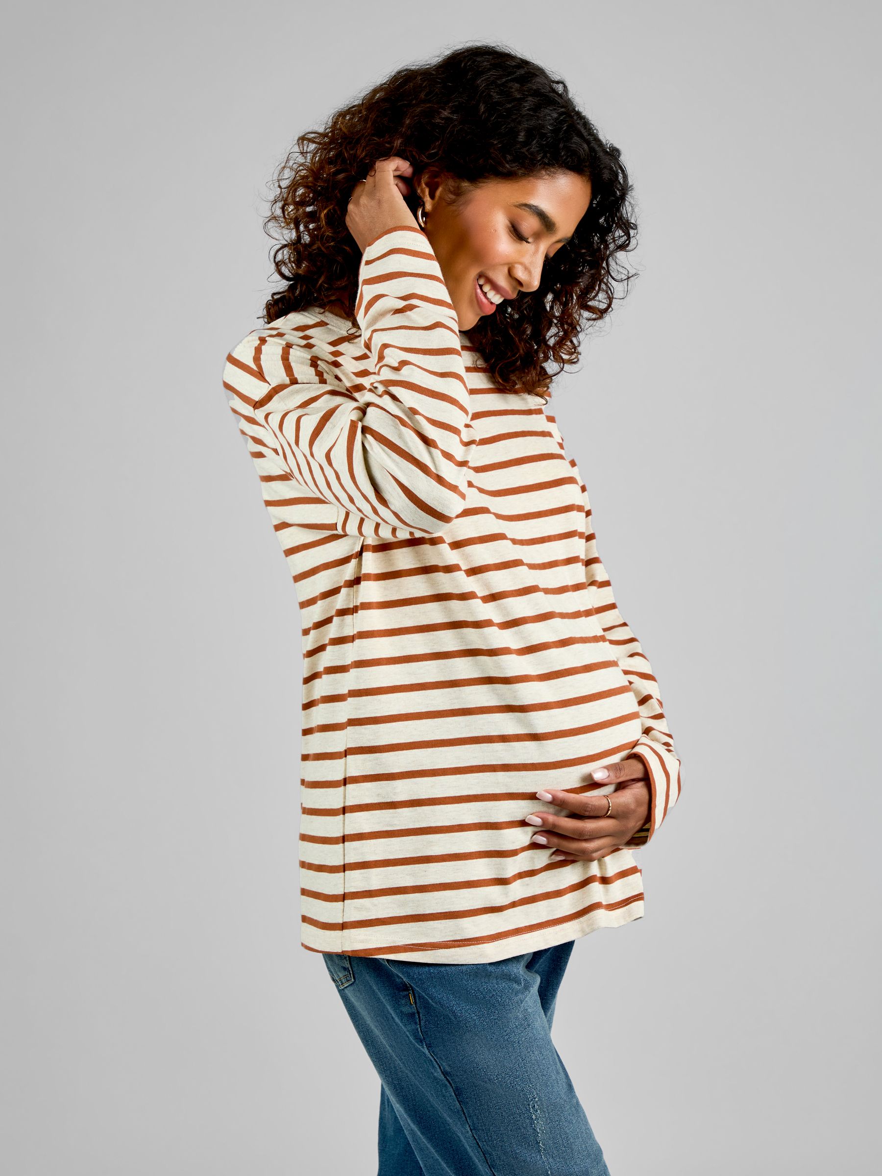 Oatmeal & Toffee Stripe Long Sleeve Boyfriend Maternity T-Shirt - Image 1 of 4