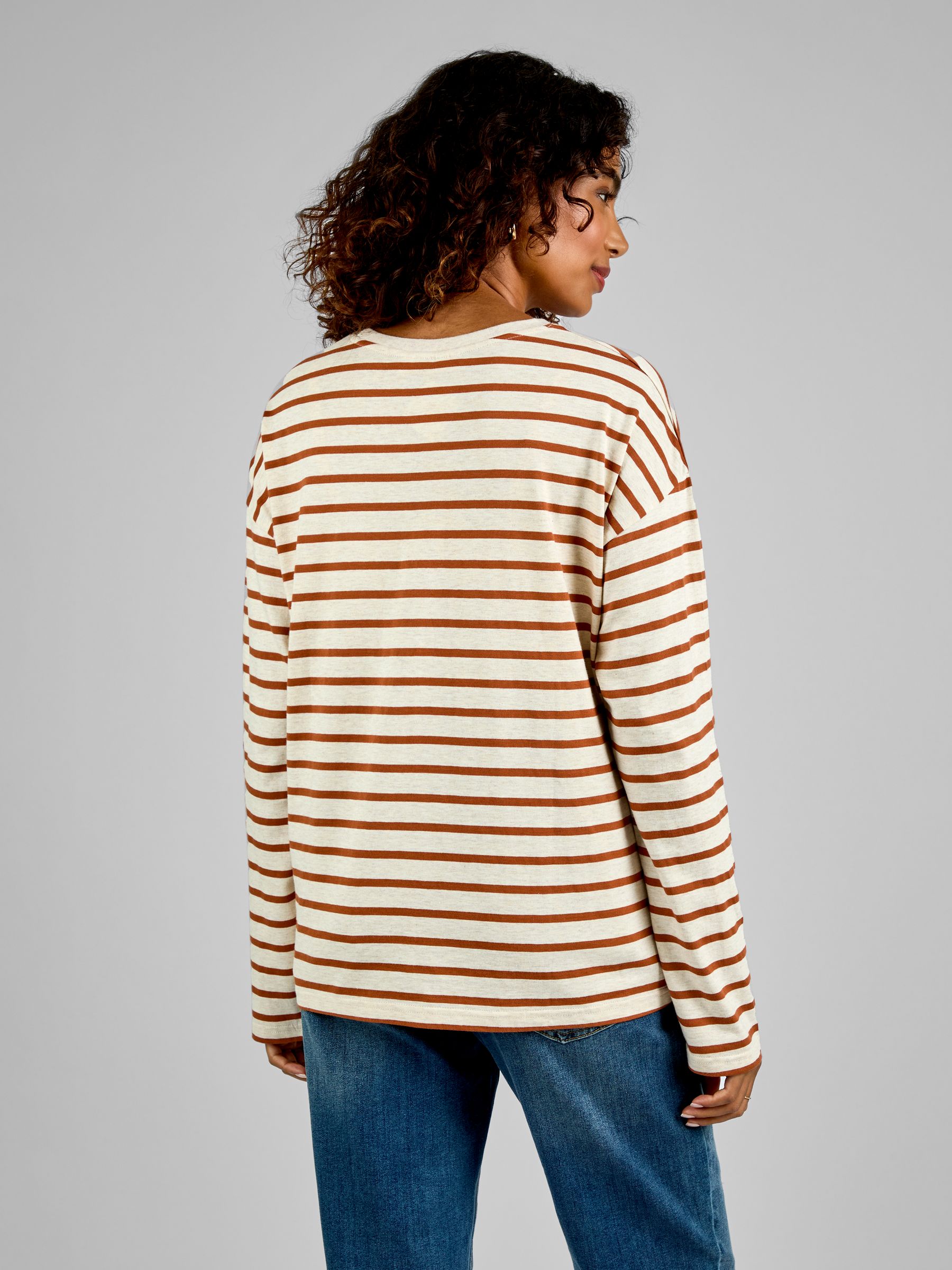 Oatmeal & Toffee Stripe Long Sleeve Boyfriend Maternity T-Shirt - Image 2 of 4