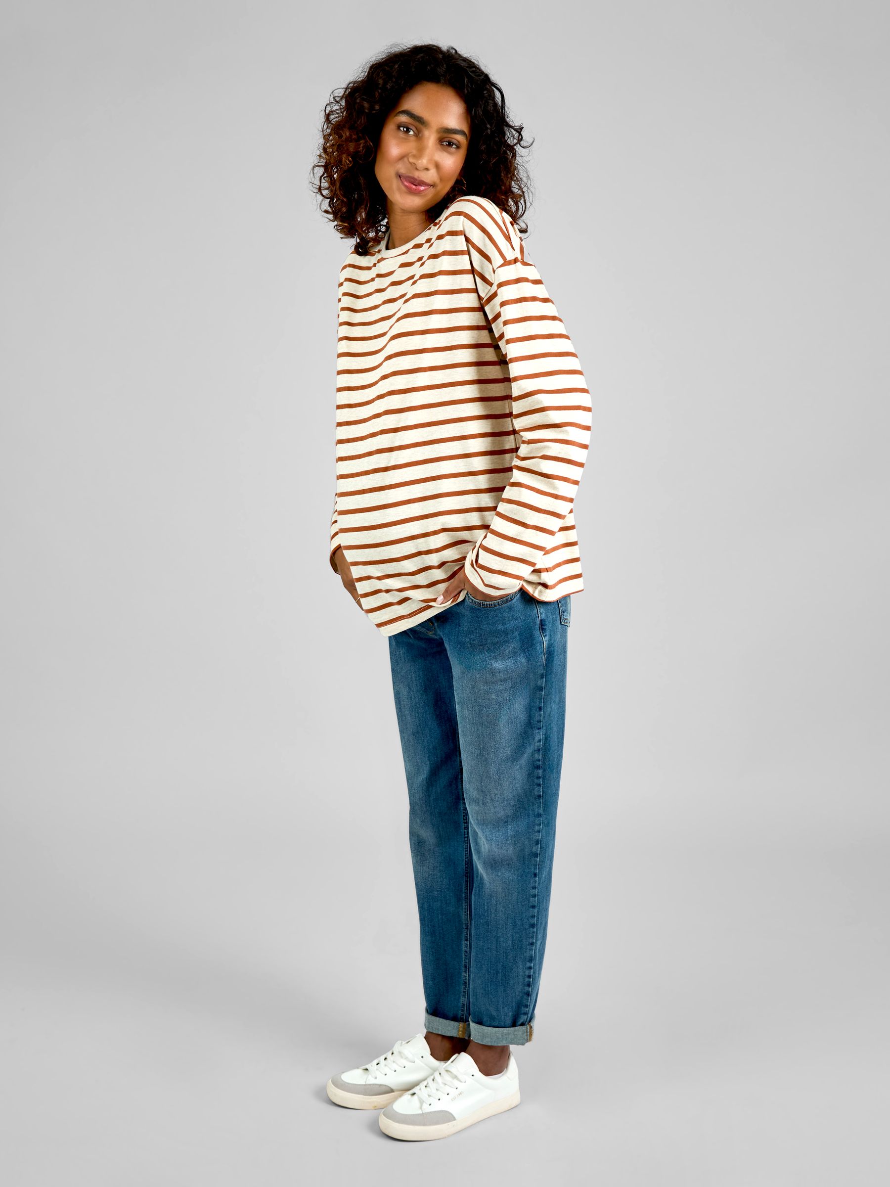 Oatmeal & Toffee Stripe Long Sleeve Boyfriend Maternity T-Shirt - Image 3 of 4