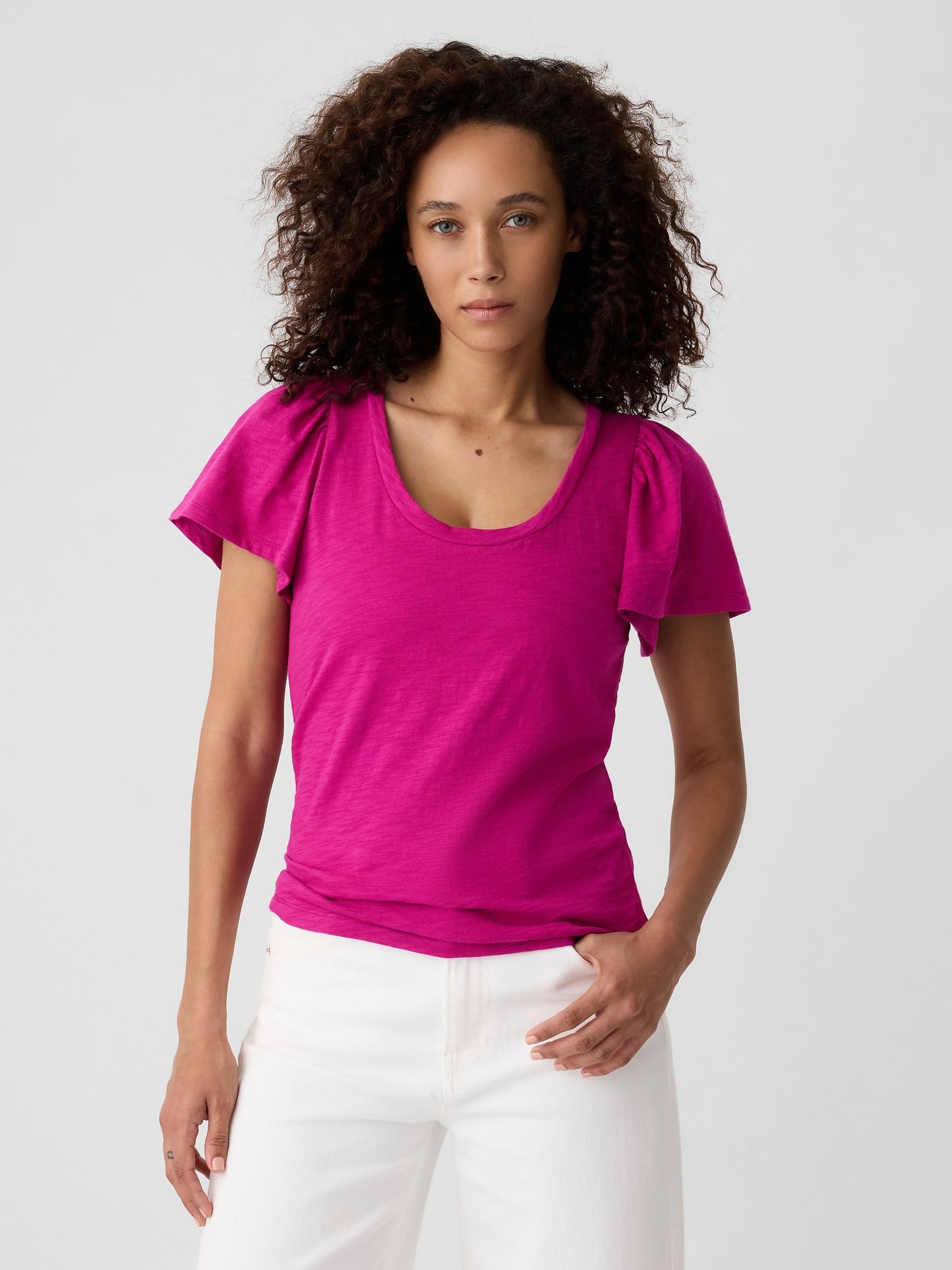 Pink Cotton Flutter Short Sleeve T-Shirt - Image 1 of 5 Pink Cotton Flutter Short Sleeve T-Shirt - Image 1 of 5
