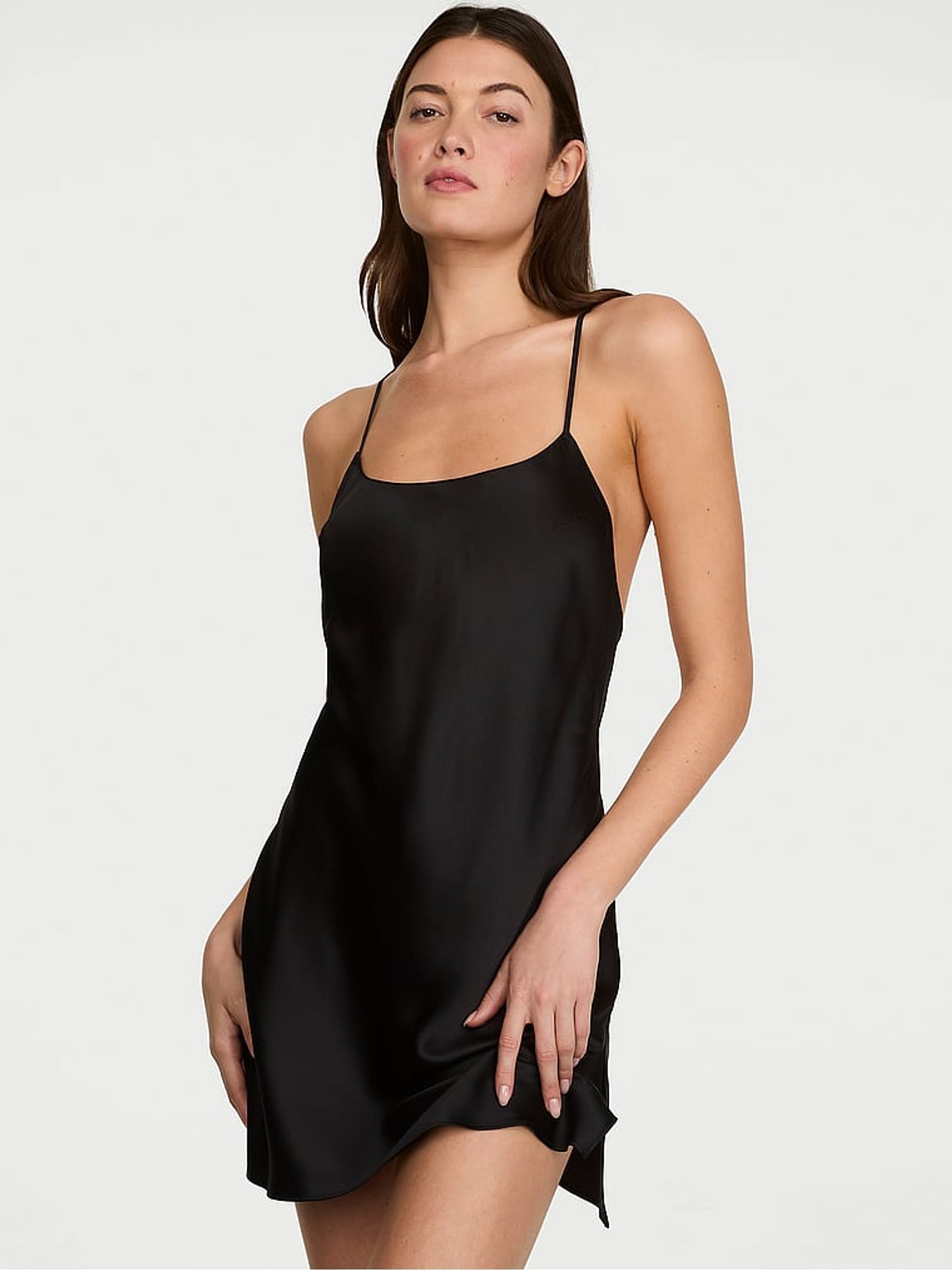 Black Mini Satin Open Back Slip - Image 1 of 2
