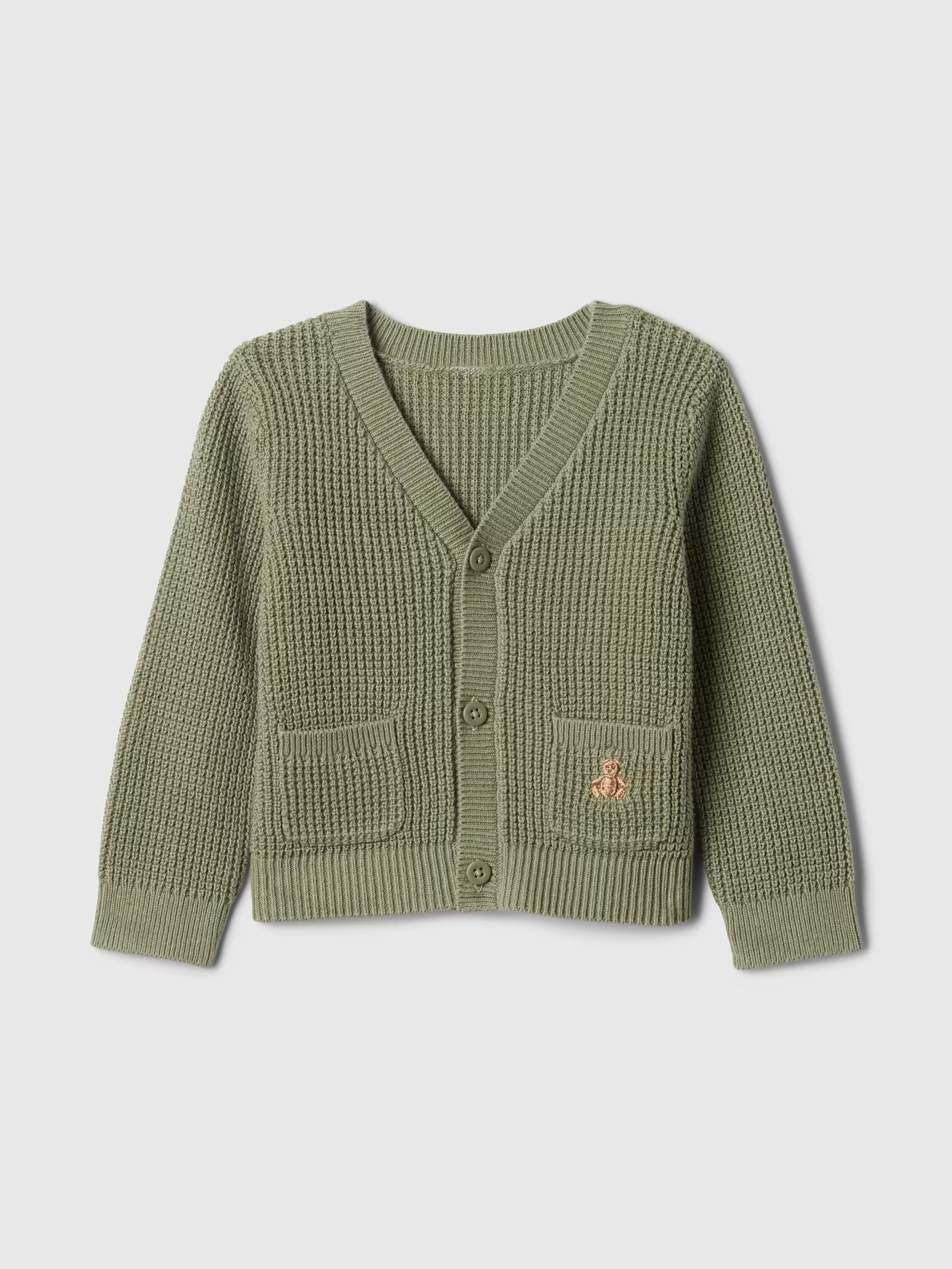 Green Brannan Bear Embroidered Baby Waffle Cardigan (Newborn