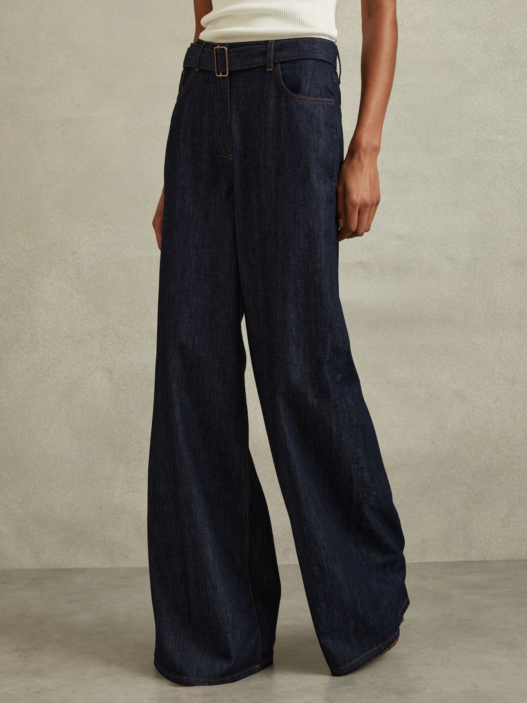 Belted Wide Leg Jeans in Dark Blue - Image 3 of 6