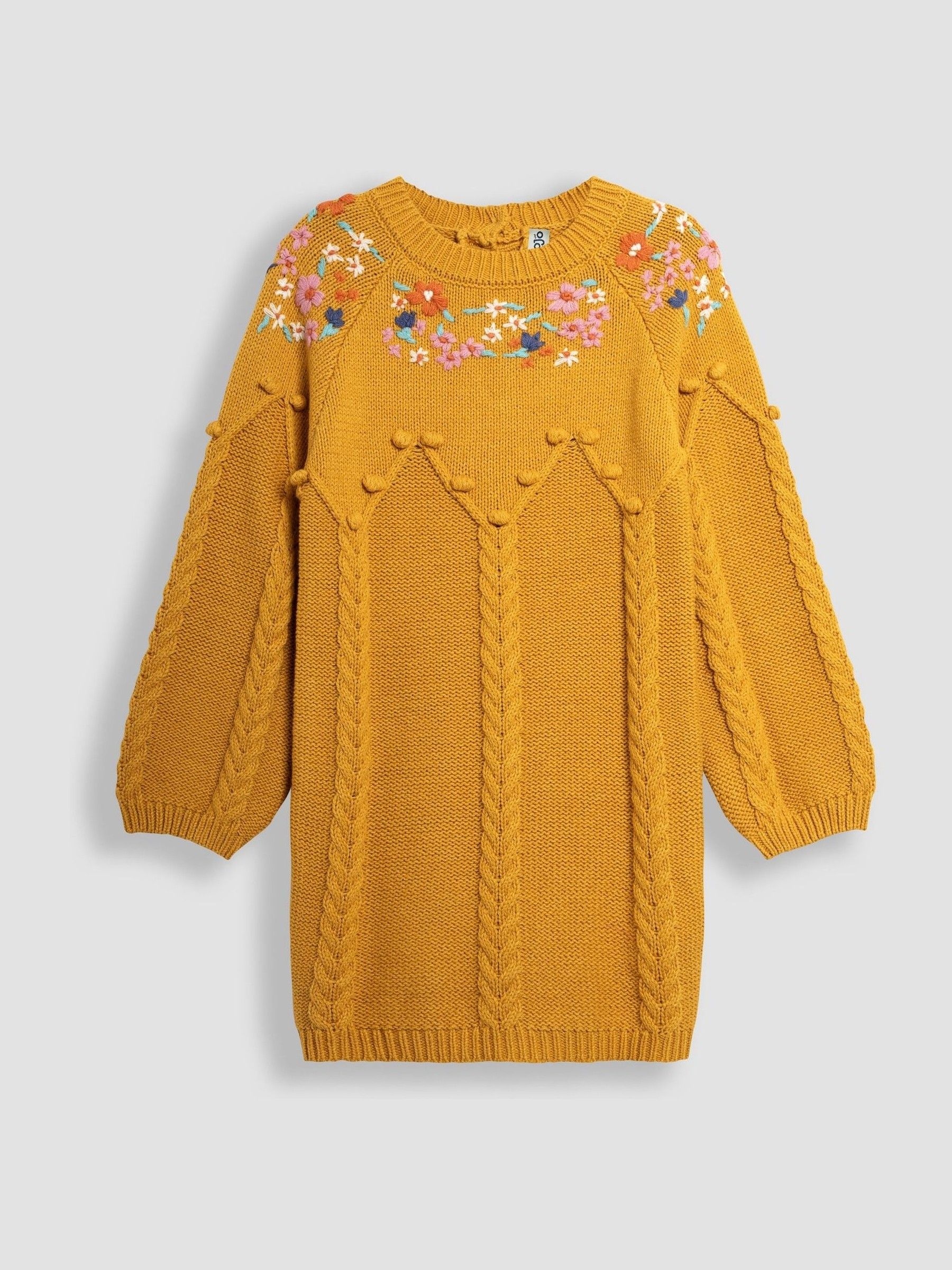 Mustard Floral Embroidered Cable Knitted Dress - Image 1 of 3