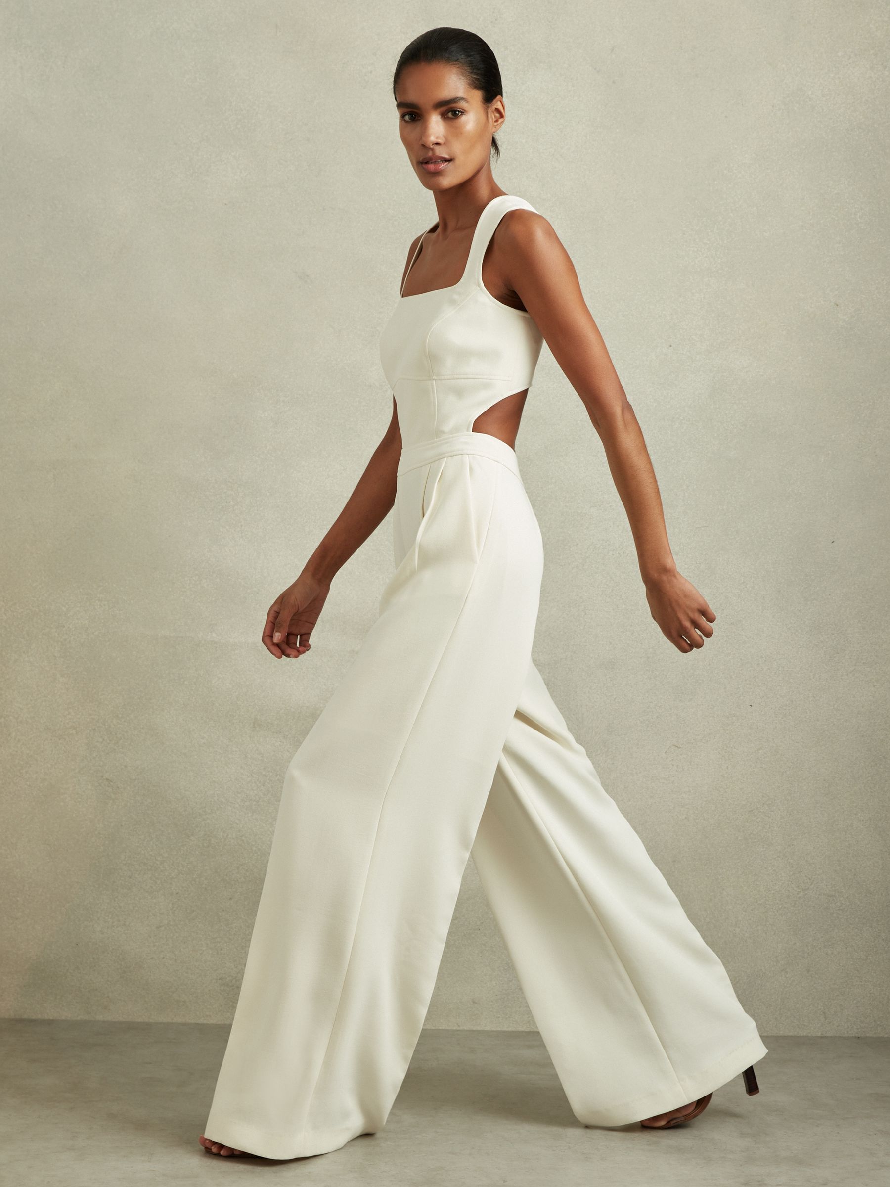 Twill Open-Back Wide Leg Jumpsuit in Ivory - Image 1 of 5 Twill Open-Back Wide Leg Jumpsuit in Ivory - Image 1 of 5