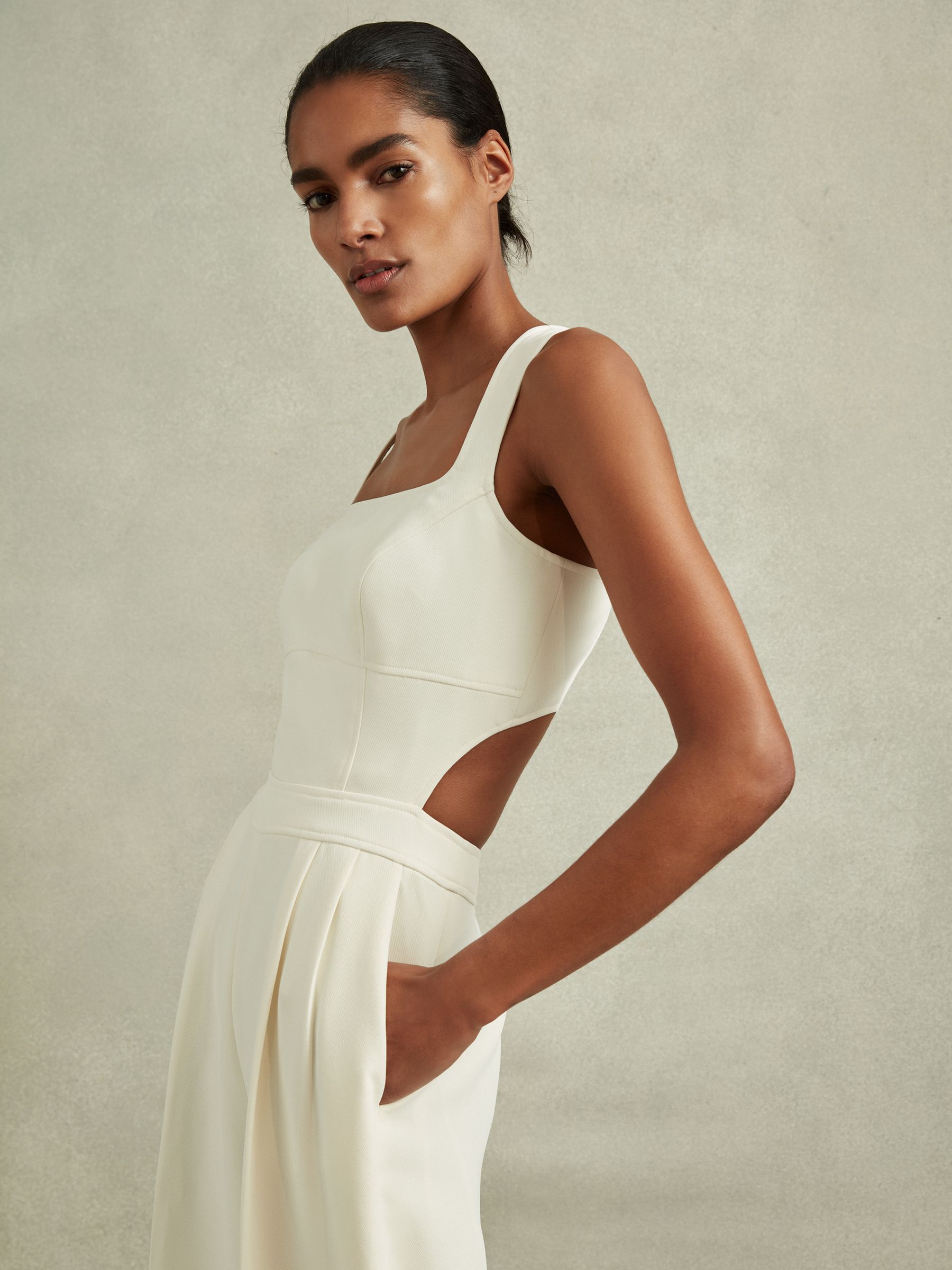 Twill Open-Back Wide Leg Jumpsuit in Ivory - Image 3 of 5