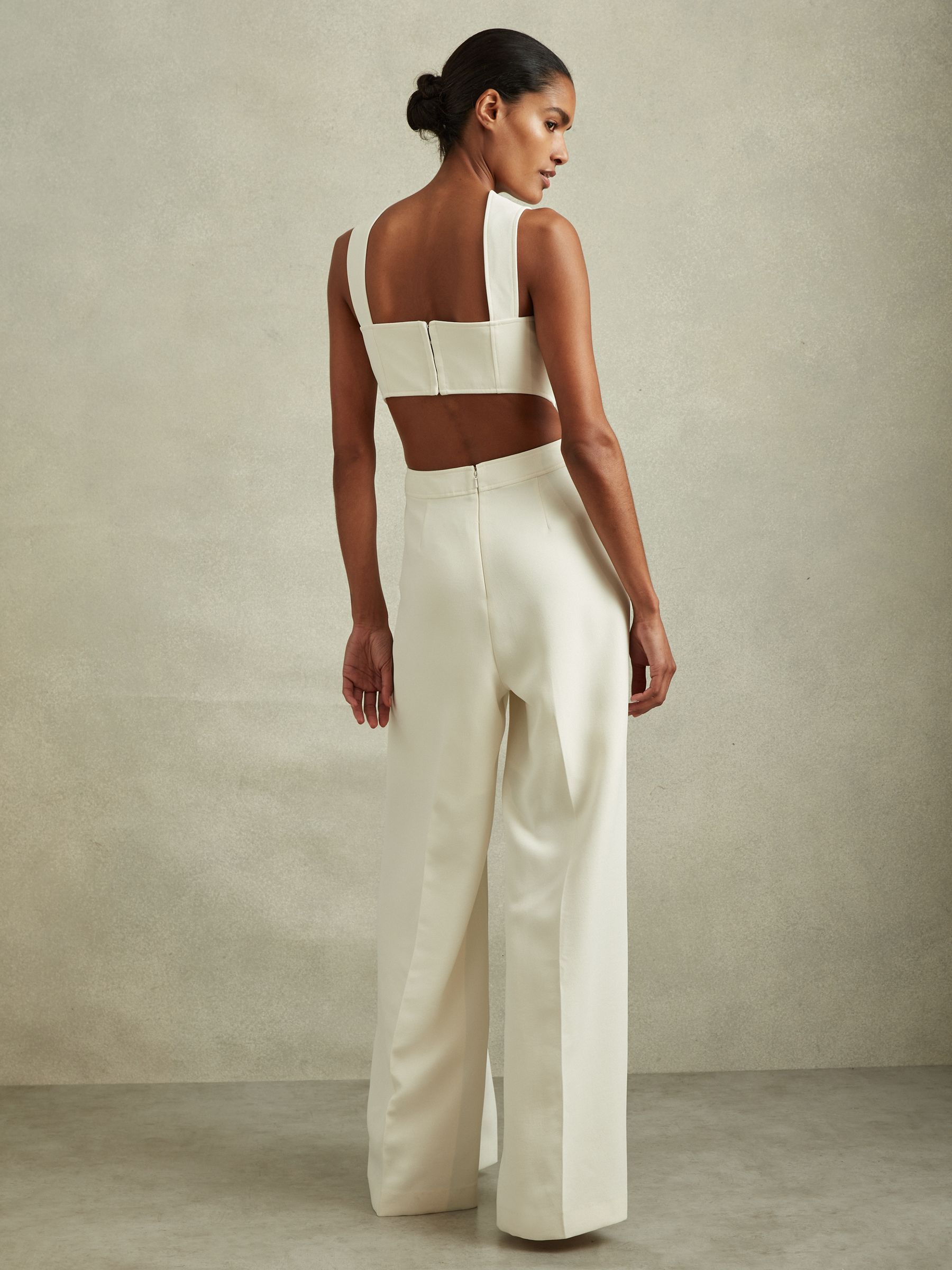 Twill Open-Back Wide Leg Jumpsuit in Ivory - Image 4 of 5