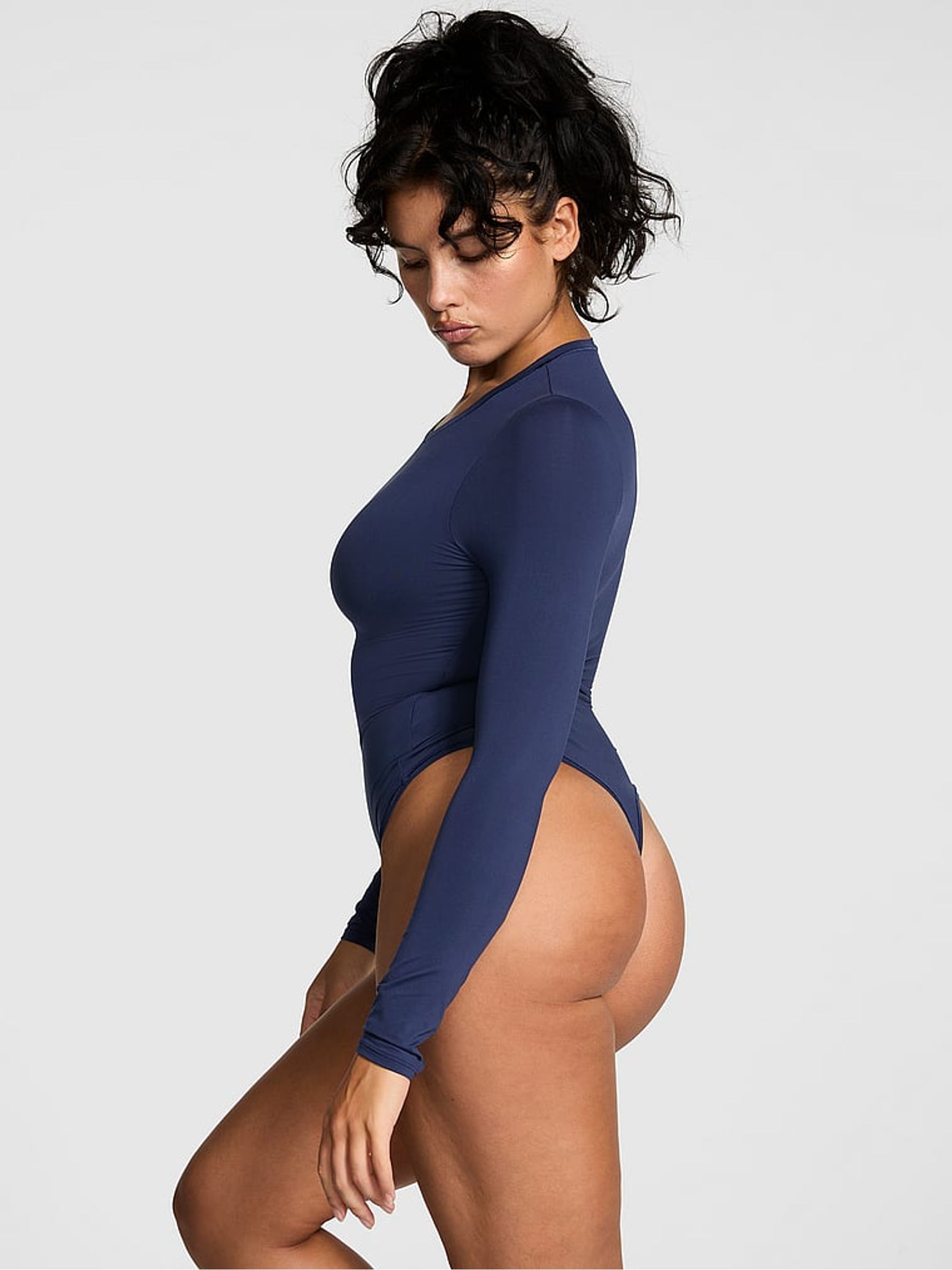 Midnight Navy Blue Long Sleeve Soft Stretch Bodysuit - Image 2 of 3