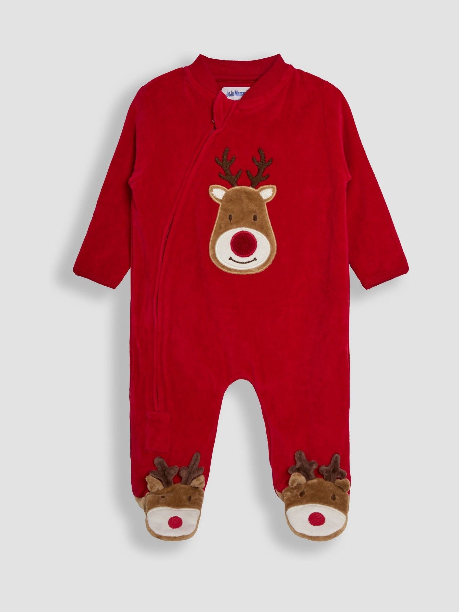 Red Reindeer Cotton Christmas Zip Appliqué Sleepsuit JoJo Maman Bébé