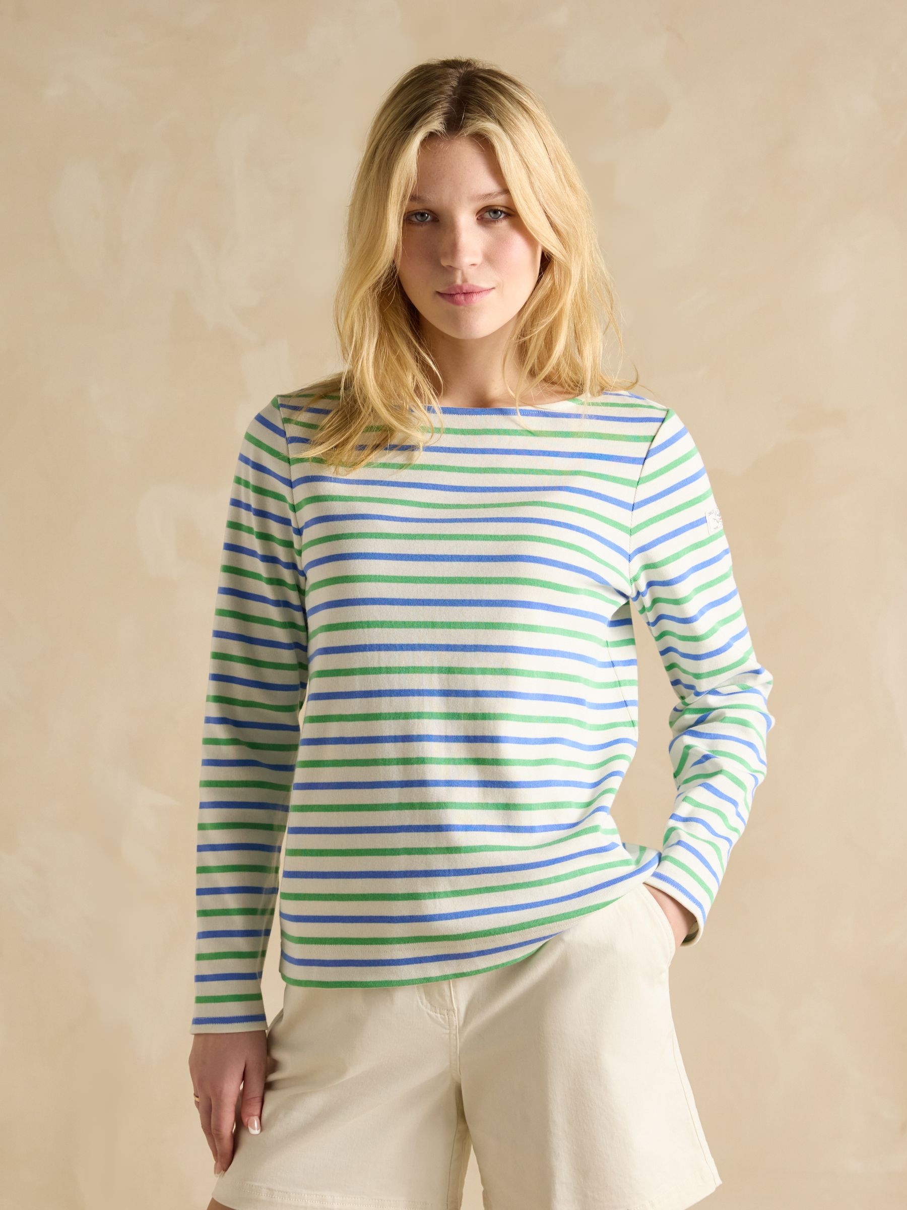 Harbour Green Blue Striped Boat Neck 100% Cotton Breton Top - Image 1 of 7