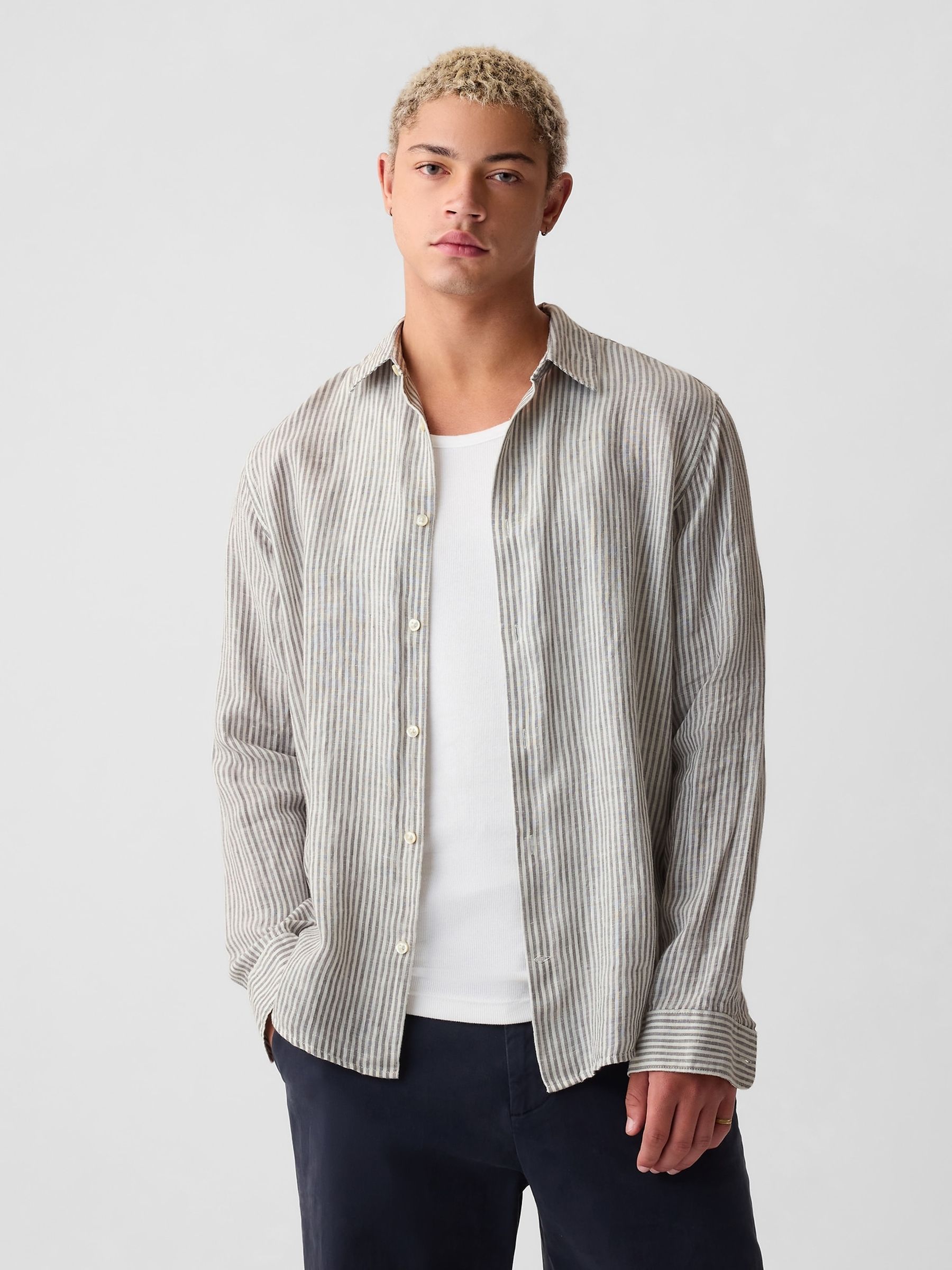 Grey 100% Linen Long Sleeve Shirt - Image 1 of 4