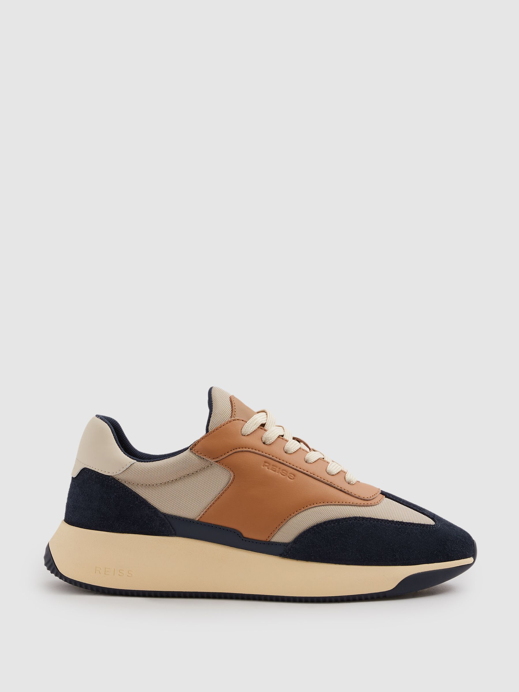 Leather Suede Running Trainers in Navy/Camel - Image 1 of 5