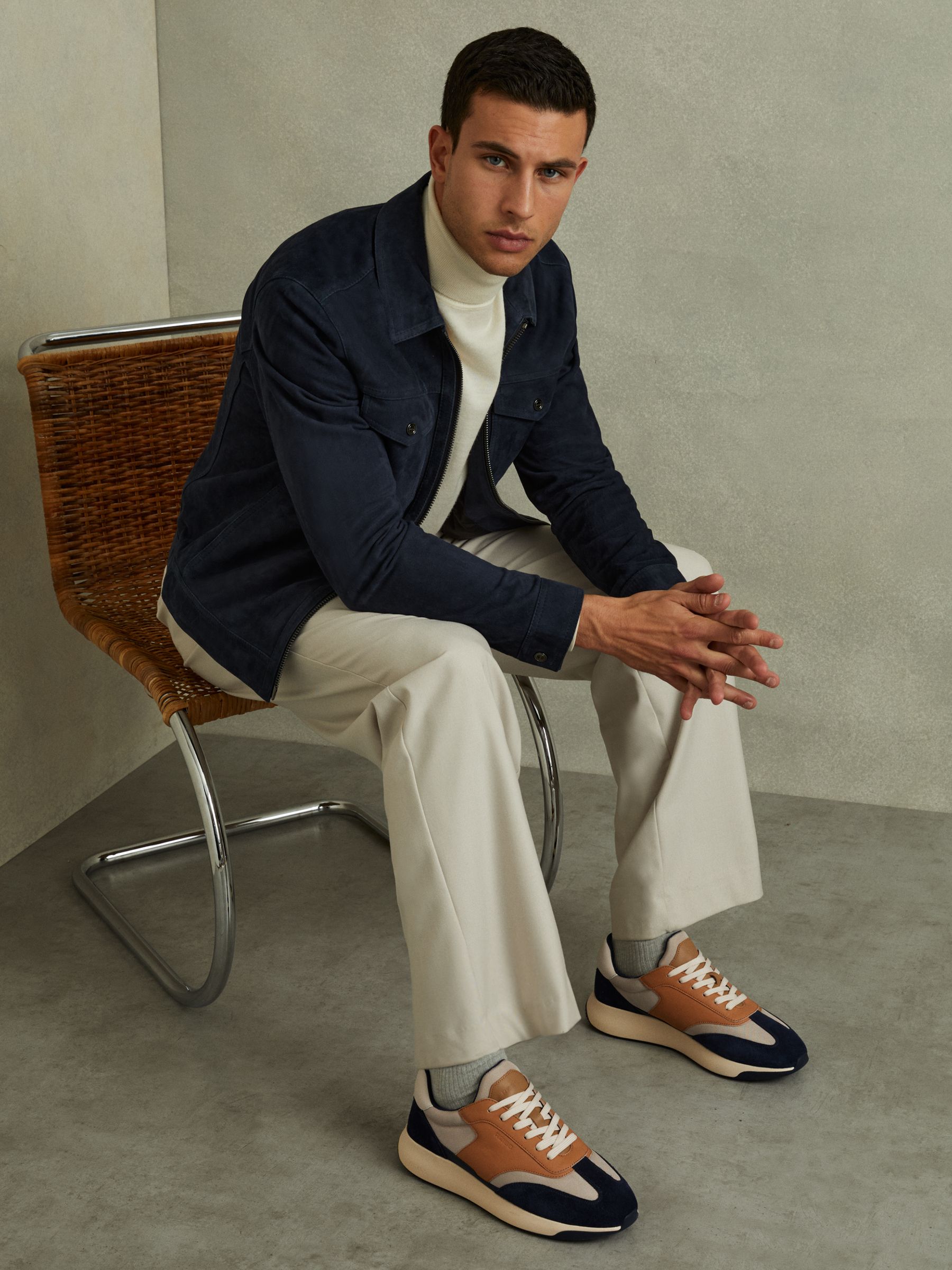 Leather Suede Running Trainers in Navy/Camel - Image 2 of 5