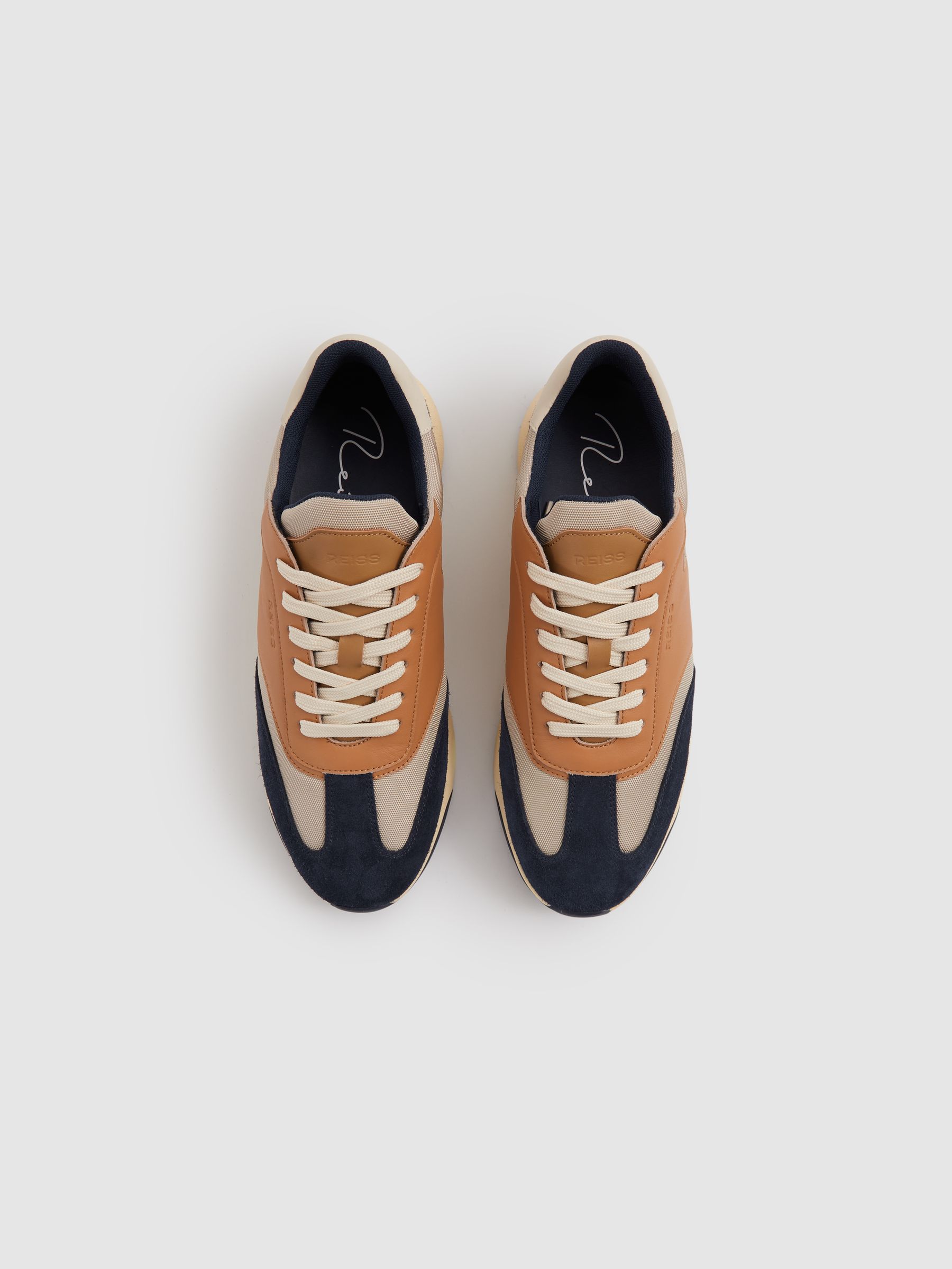 Leather Suede Running Trainers in Navy/Camel - Image 3 of 5