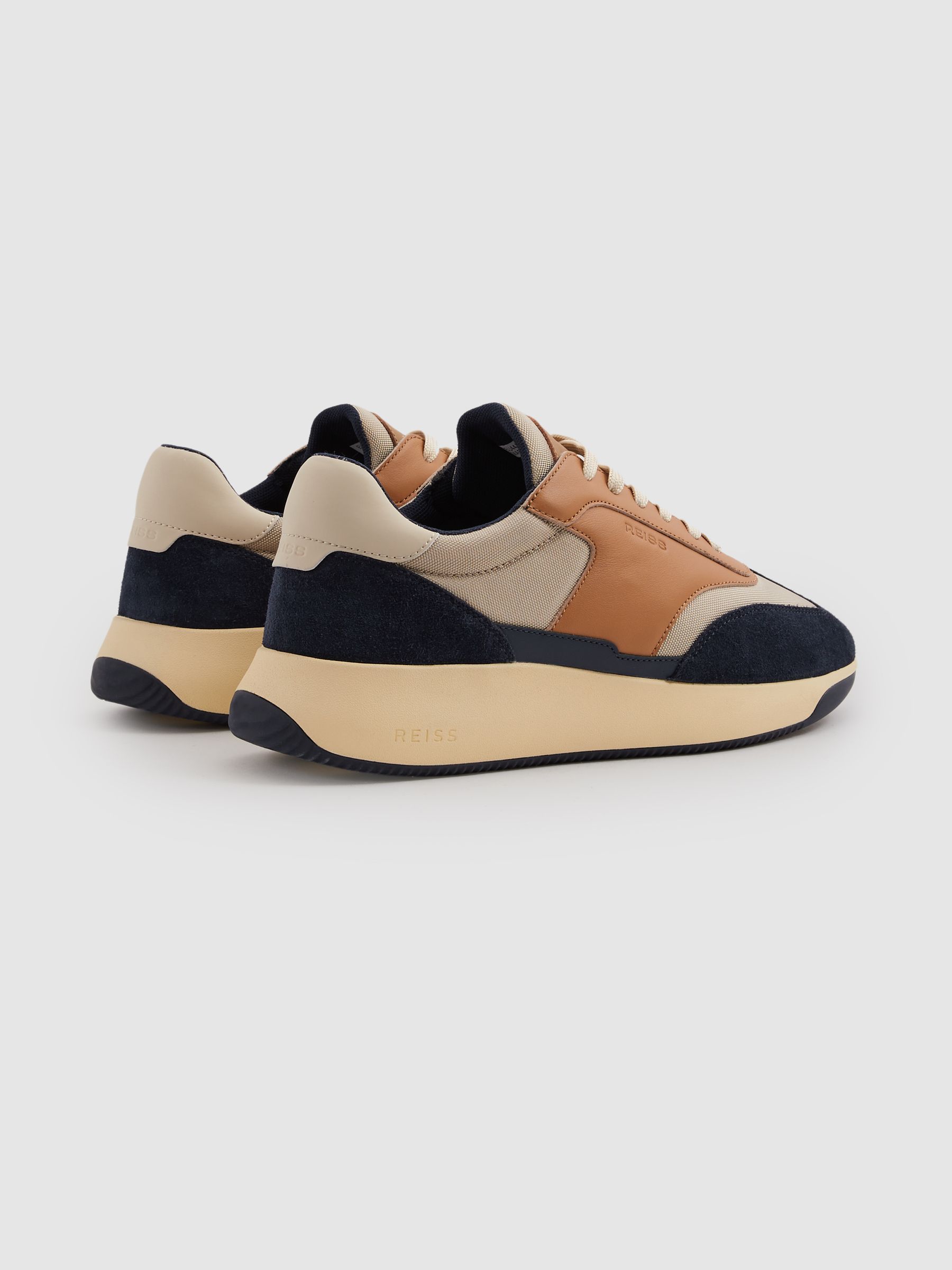 Leather Suede Running Trainers in Navy/Camel - Image 4 of 5