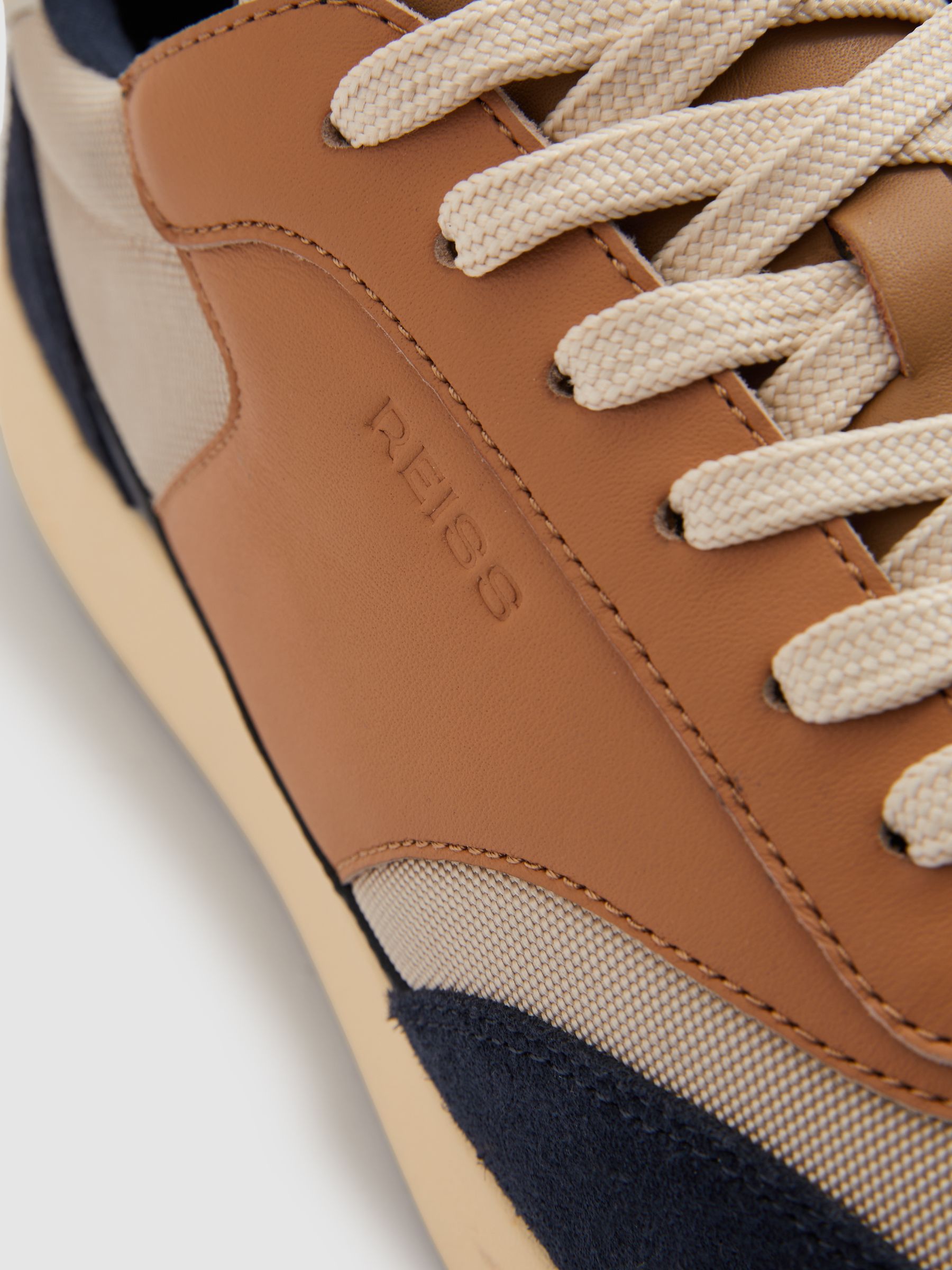 Leather Suede Running Trainers in Navy/Camel - Image 5 of 5