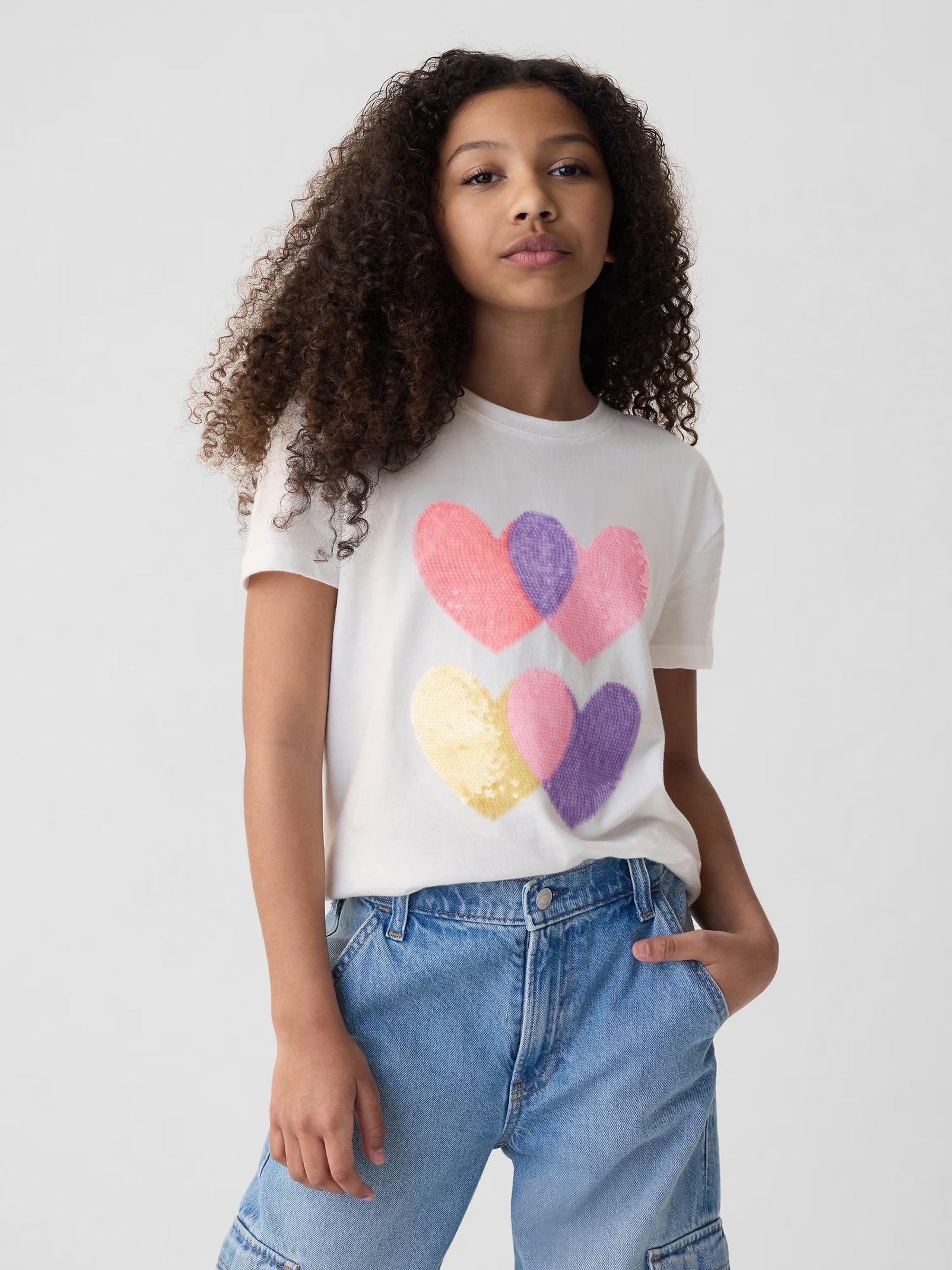 White Heart Sequin Graphic Short Sleeve Crew Neck T-Shirt (4-13yrs) - Image 1 of 3