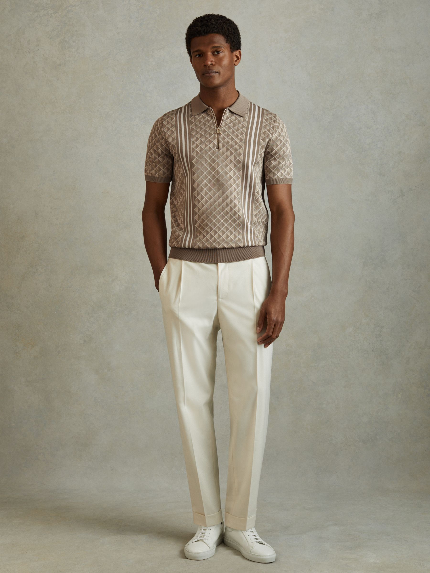 Half-Zip Diamond Stitch Polo Shirt in Oatmeal - Image 3 of 6