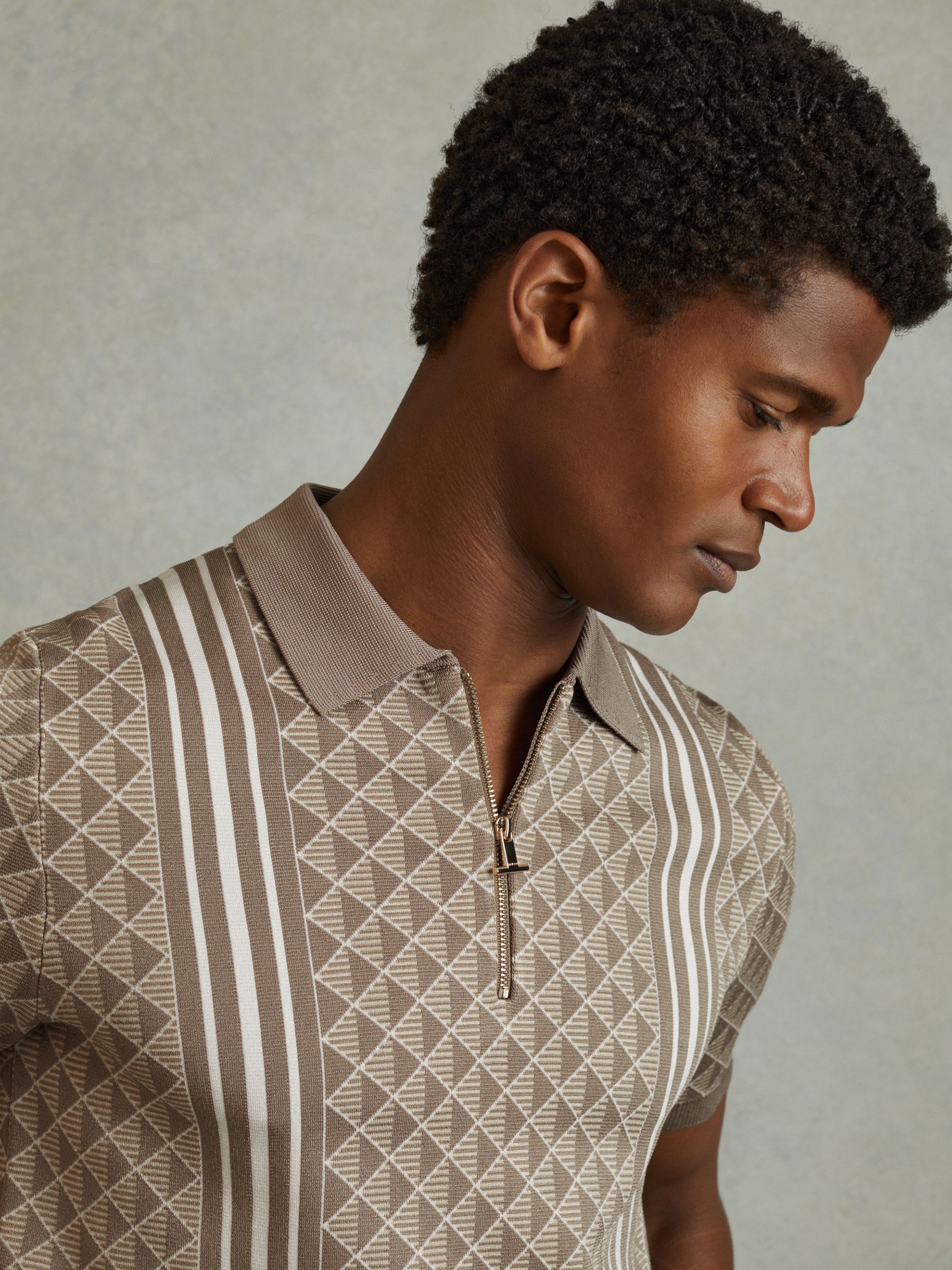 Half-Zip Diamond Stitch Polo Shirt in Oatmeal - Image 4 of 6