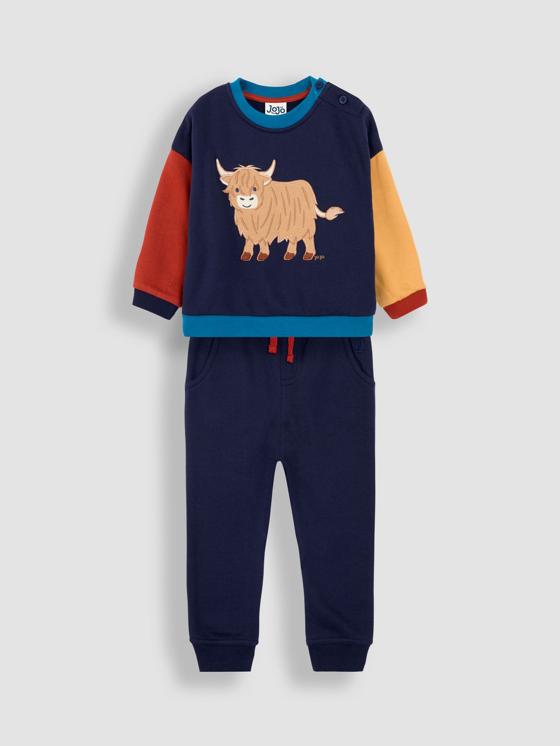 Navy Blue Highland Cow Colour Block Appliqué Sweatshirt & Jogger Set - Image 1 of 5