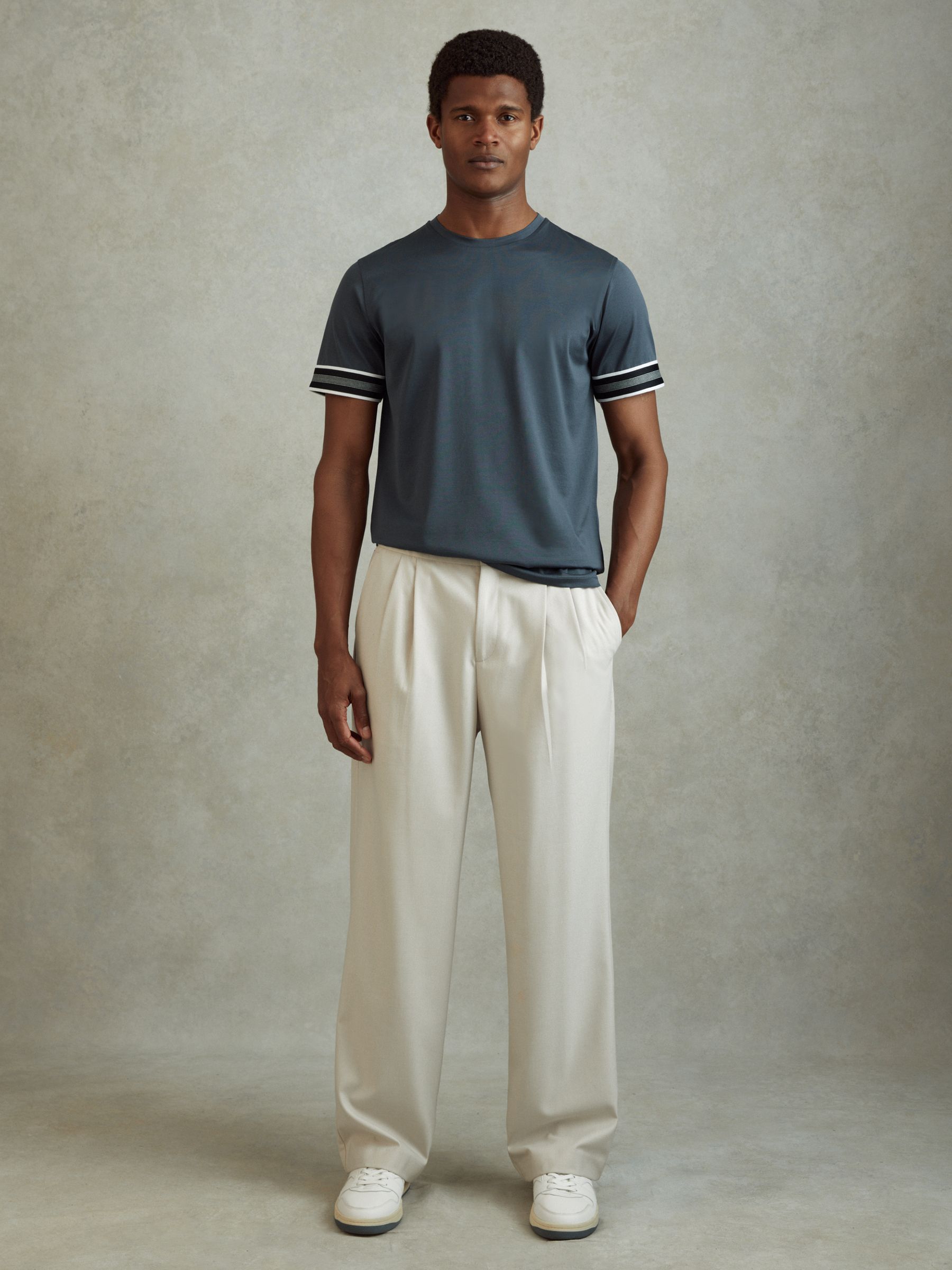 Mercerised Cotton Striped T-Shirt in Steel Blue - Image 3 of 5