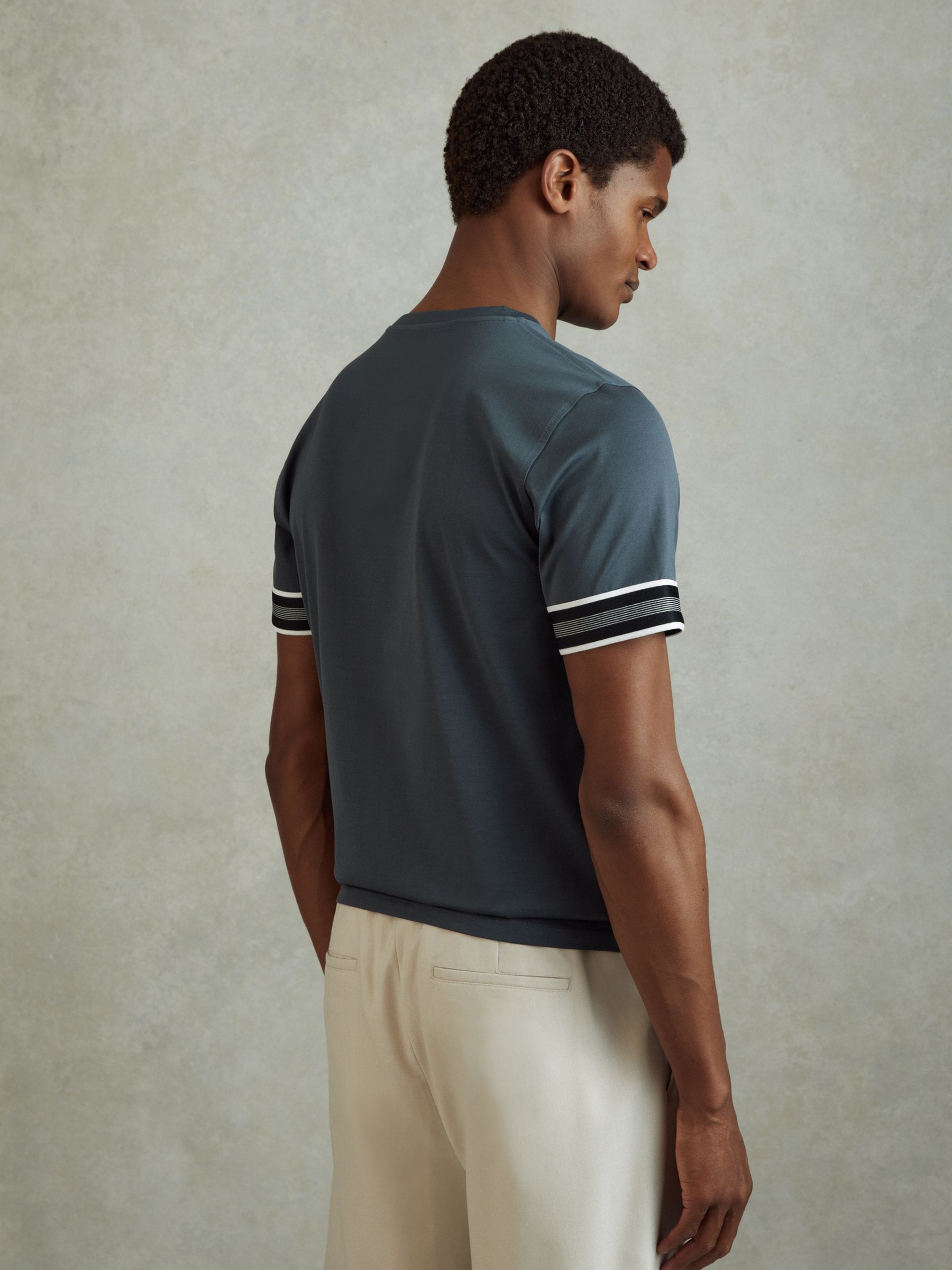 Mercerised Cotton Striped T-Shirt in Steel Blue - Image 4 of 5