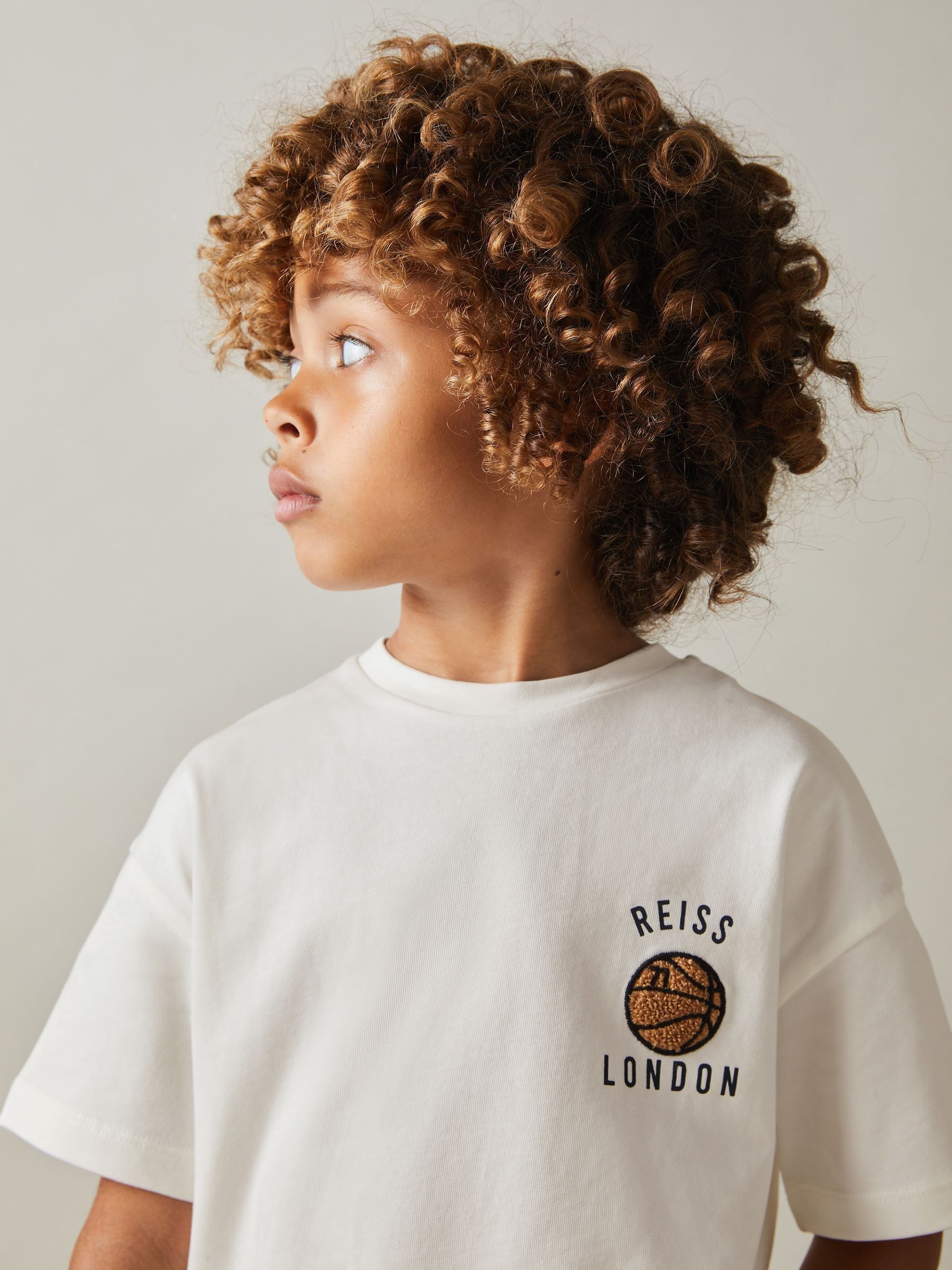 Junior Oversized Cotton Basketball Motif T-Shirt in Off White - Image 3 of 5