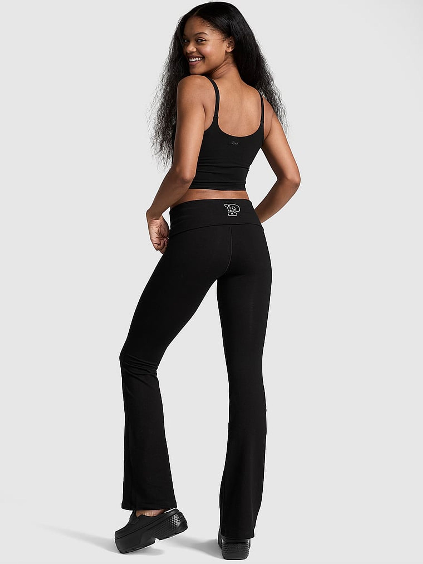 Black Shine Diamante Cotton Foldover Flare Leggings - Image 2 of 3