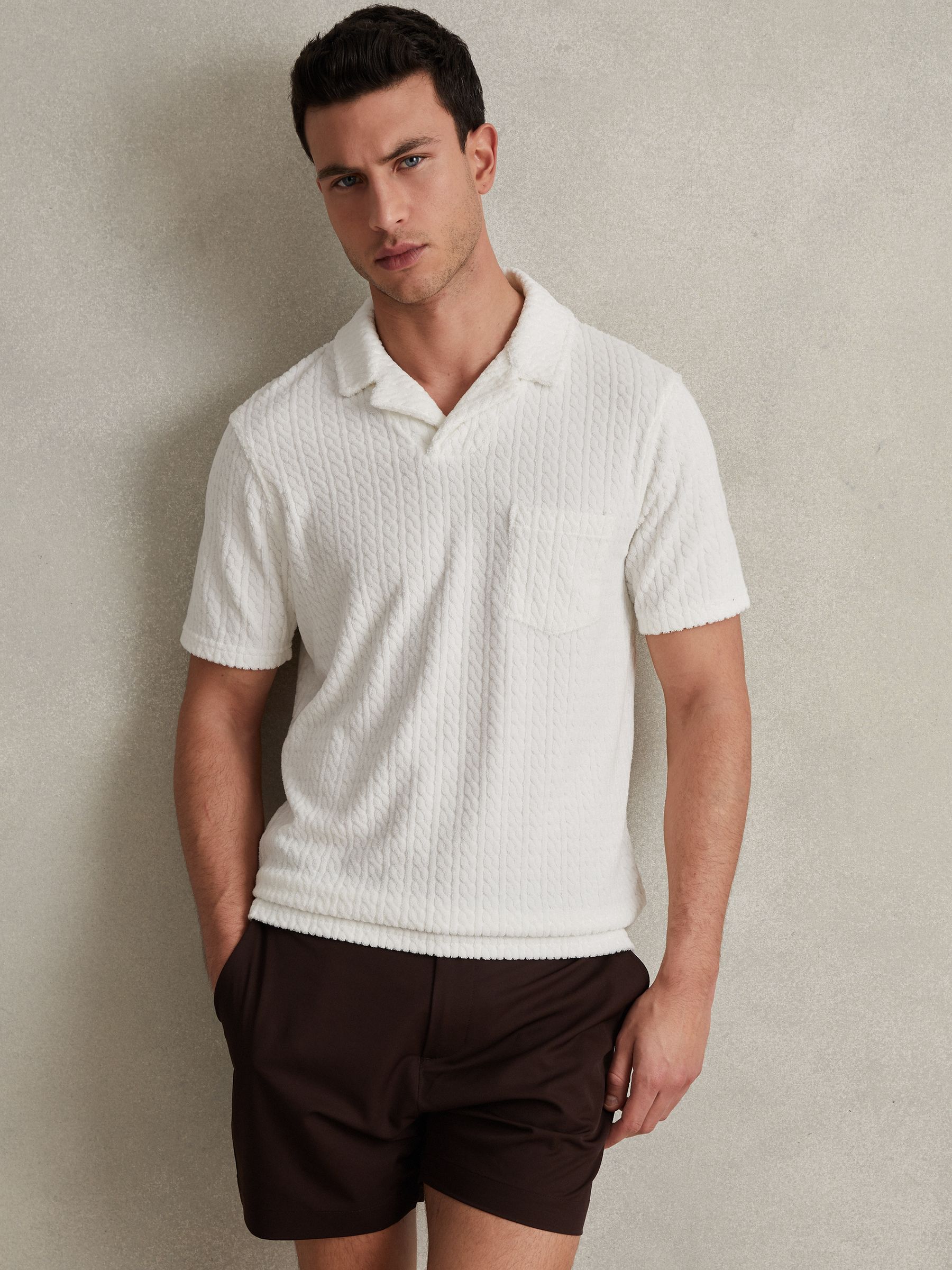 Towelling Cable Knit Polo Shirt in White - Image 1 of 6