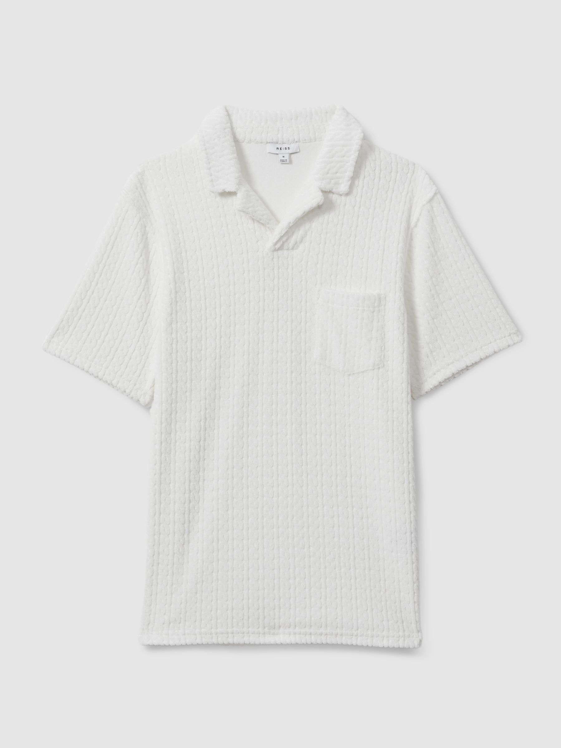 Towelling Cable Knit Polo Shirt in White - Image 2 of 6
