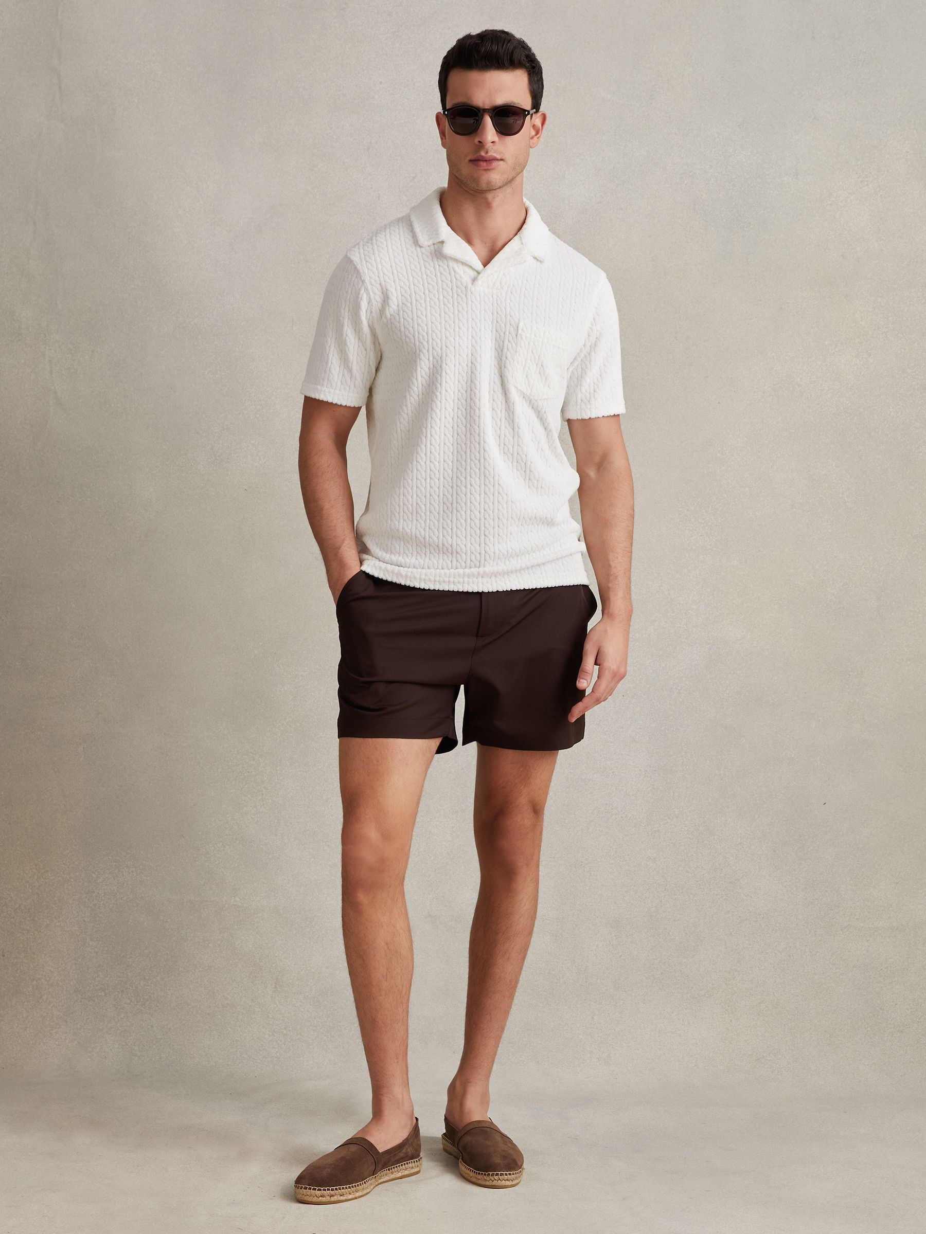 Towelling Cable Knit Polo Shirt in White - Image 3 of 6