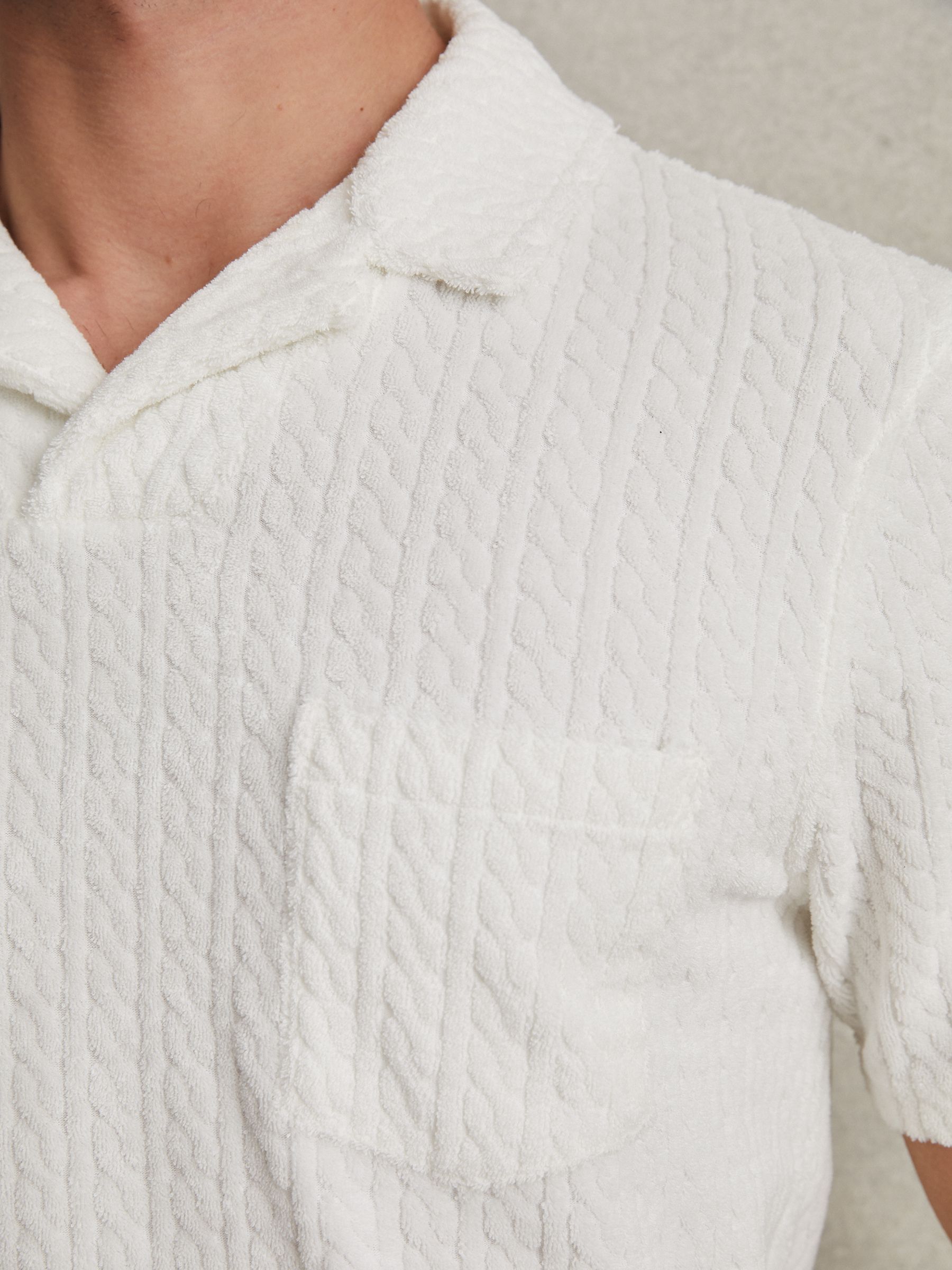 Towelling Cable Knit Polo Shirt in White - Image 4 of 6