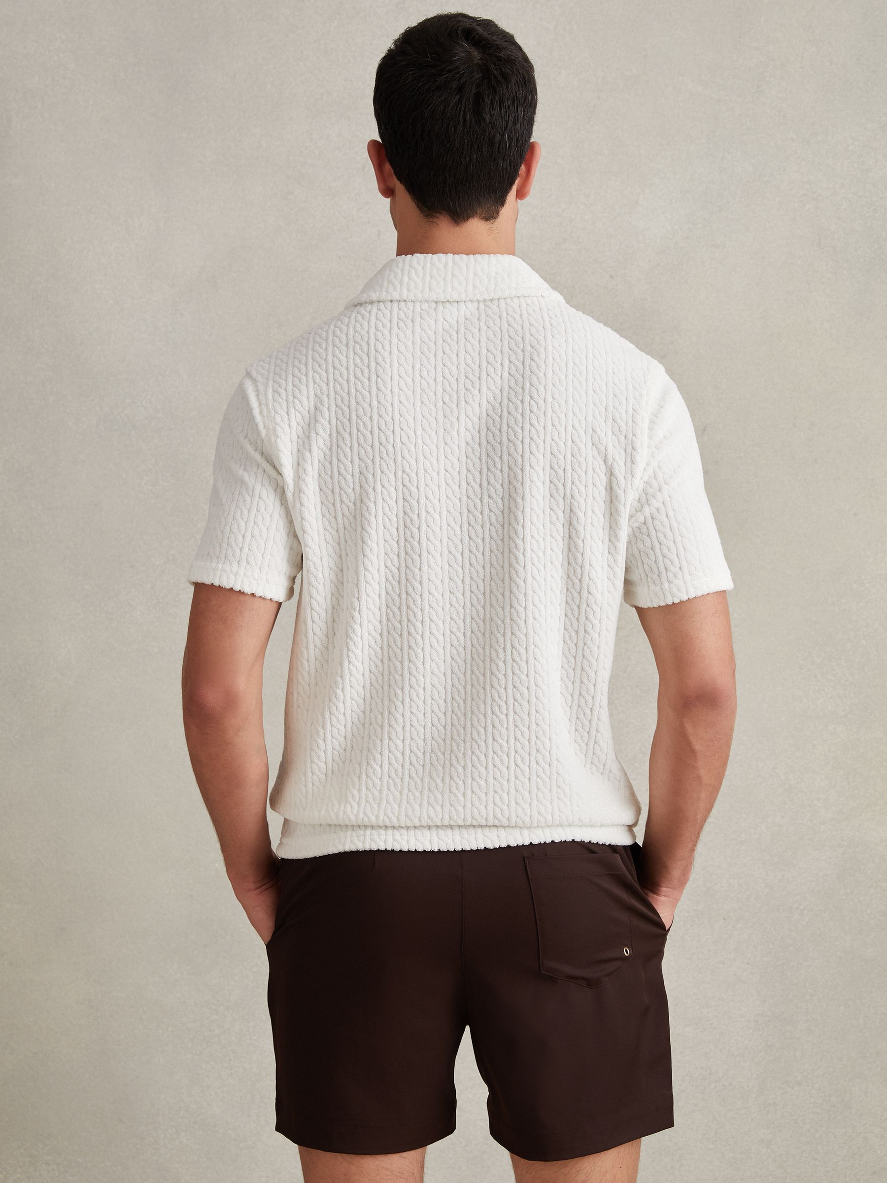 Towelling Cable Knit Polo Shirt in White - Image 5 of 6