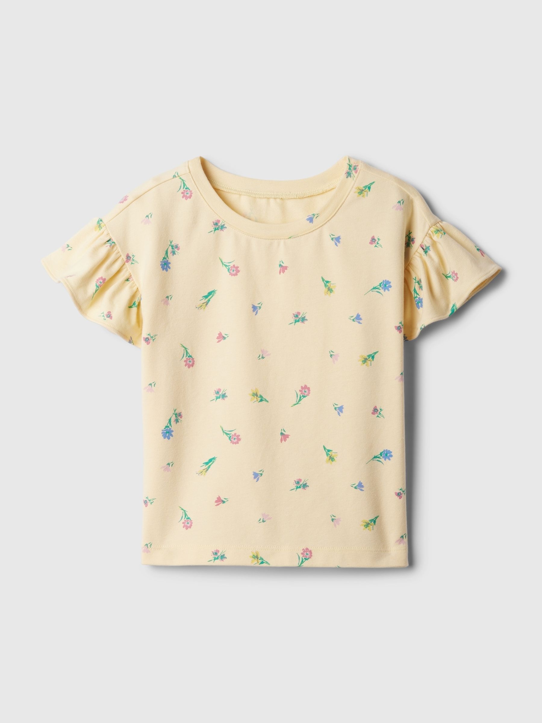 Yellow Floral Print Short Flutter Sleeve Crew Neck T-Shirt (3mths-5yrs) - Image 1 of 2